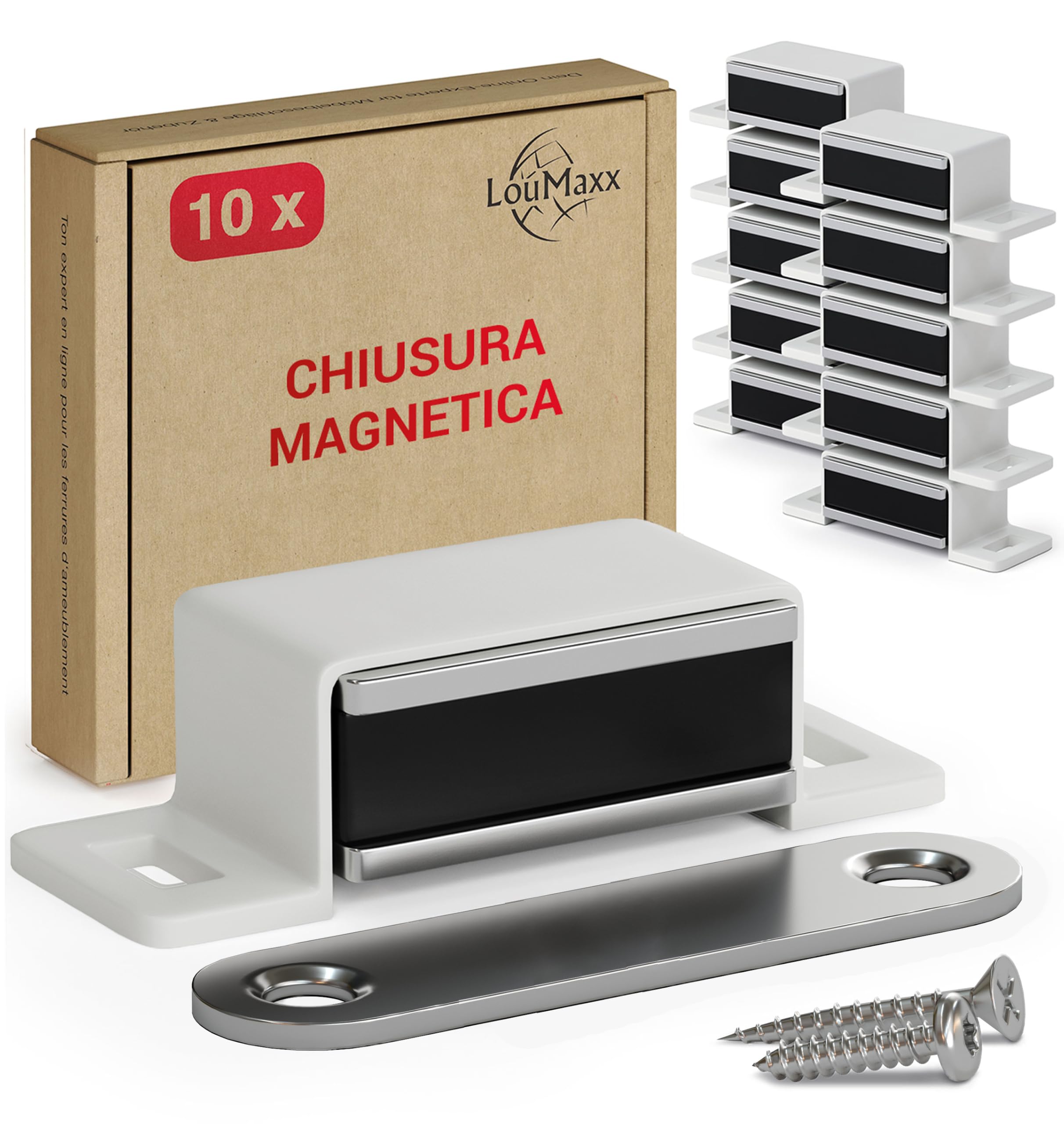 LouMaxx Calamita per Mobili - Chiusura Magnetica forte - Forza di tenuta 4kg - Set di 10 in bianco - Serratura Magnetica – per Porte, Mobili, Cassetti
