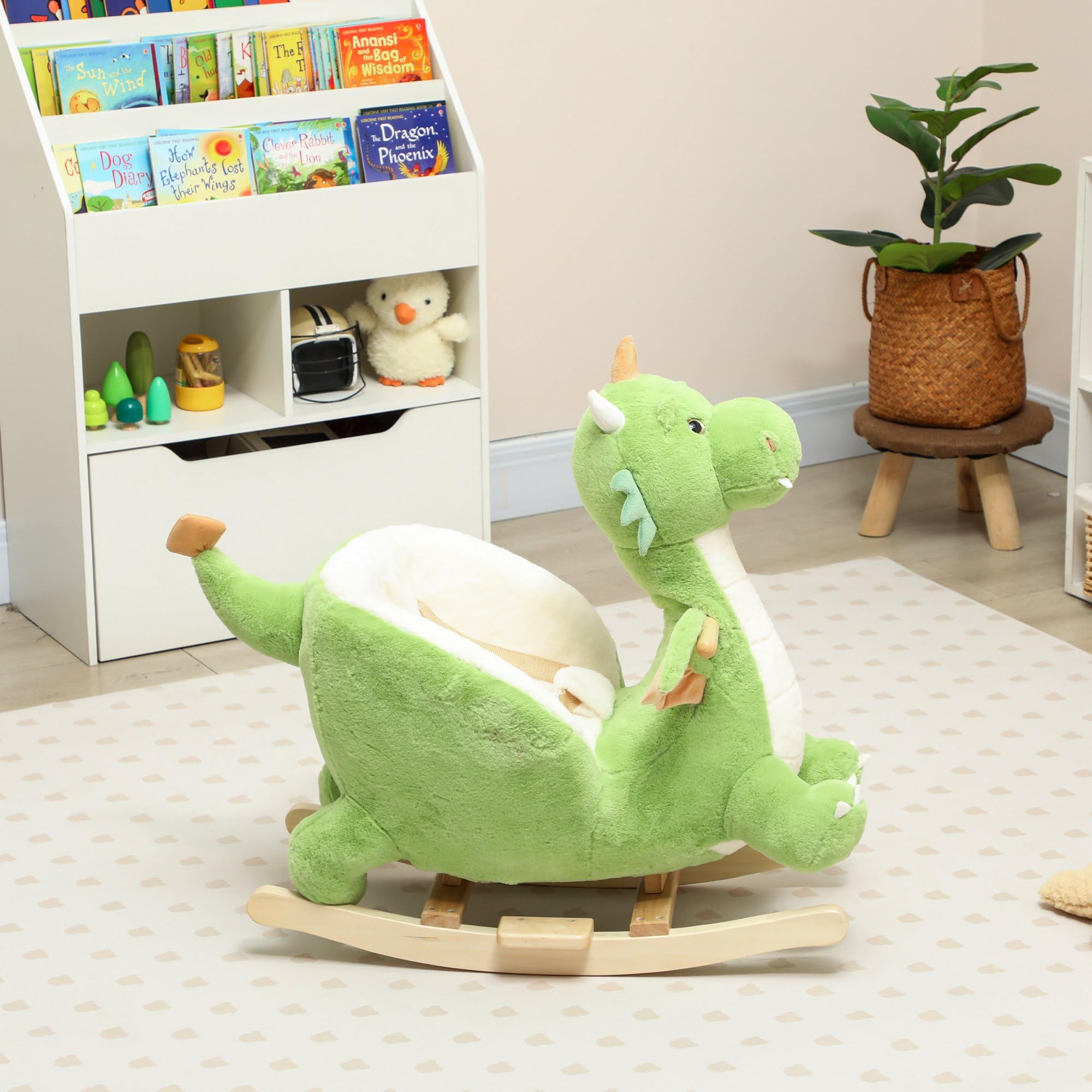 AIYAPLAY Caballito Balancín para Bebés con Sonido de Dragón, Caballo Balancín de Peluche con Base de Madera, Cinturón de Seguridad, para Niños de 18-36 Meses, Verde
