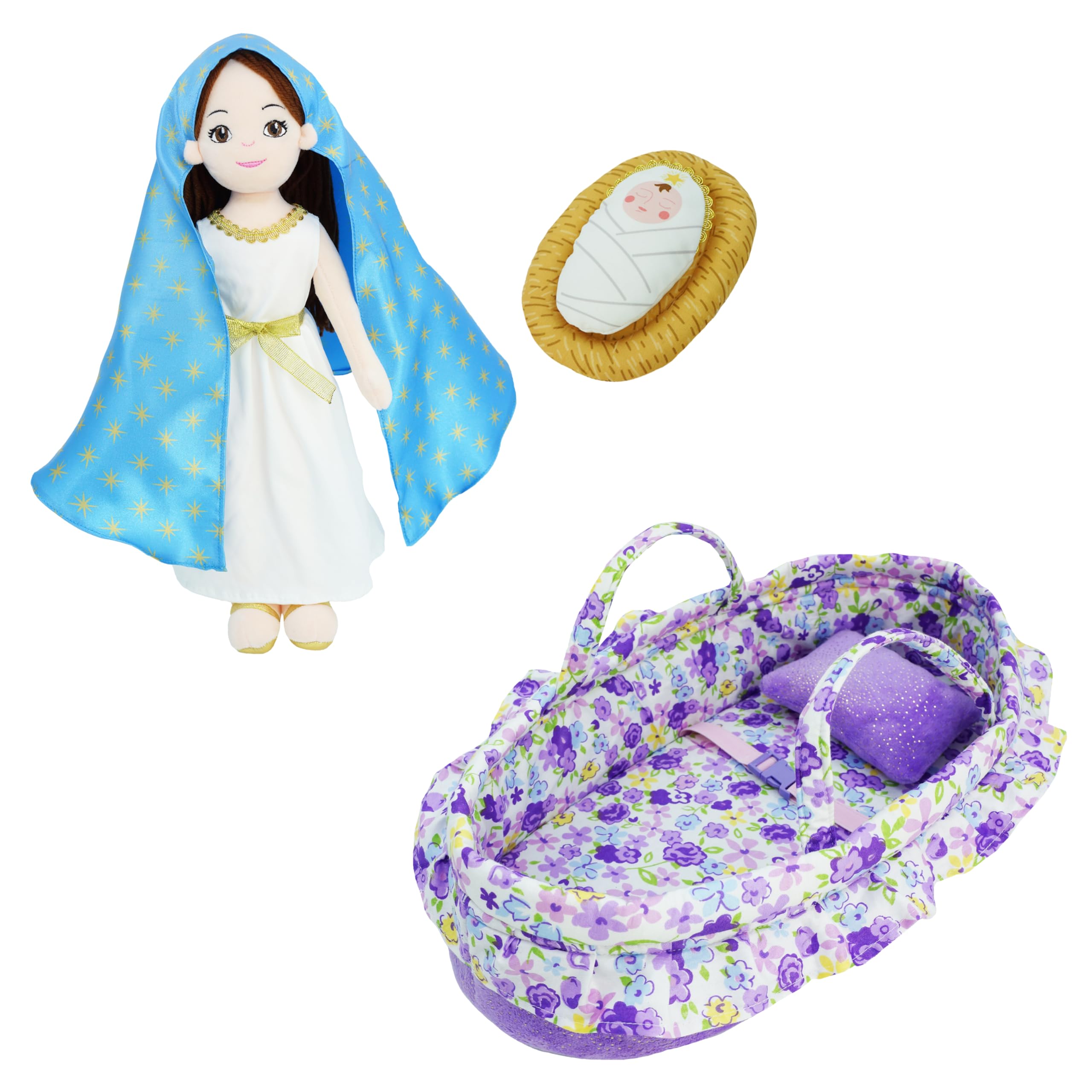 June Garden 3 Pcs Religious Figure Playset Bundle - Includes 14" Plush Virgin Mary Doll, Baby Jesus Plush and Purple Cozy Dream Doll Bassinet