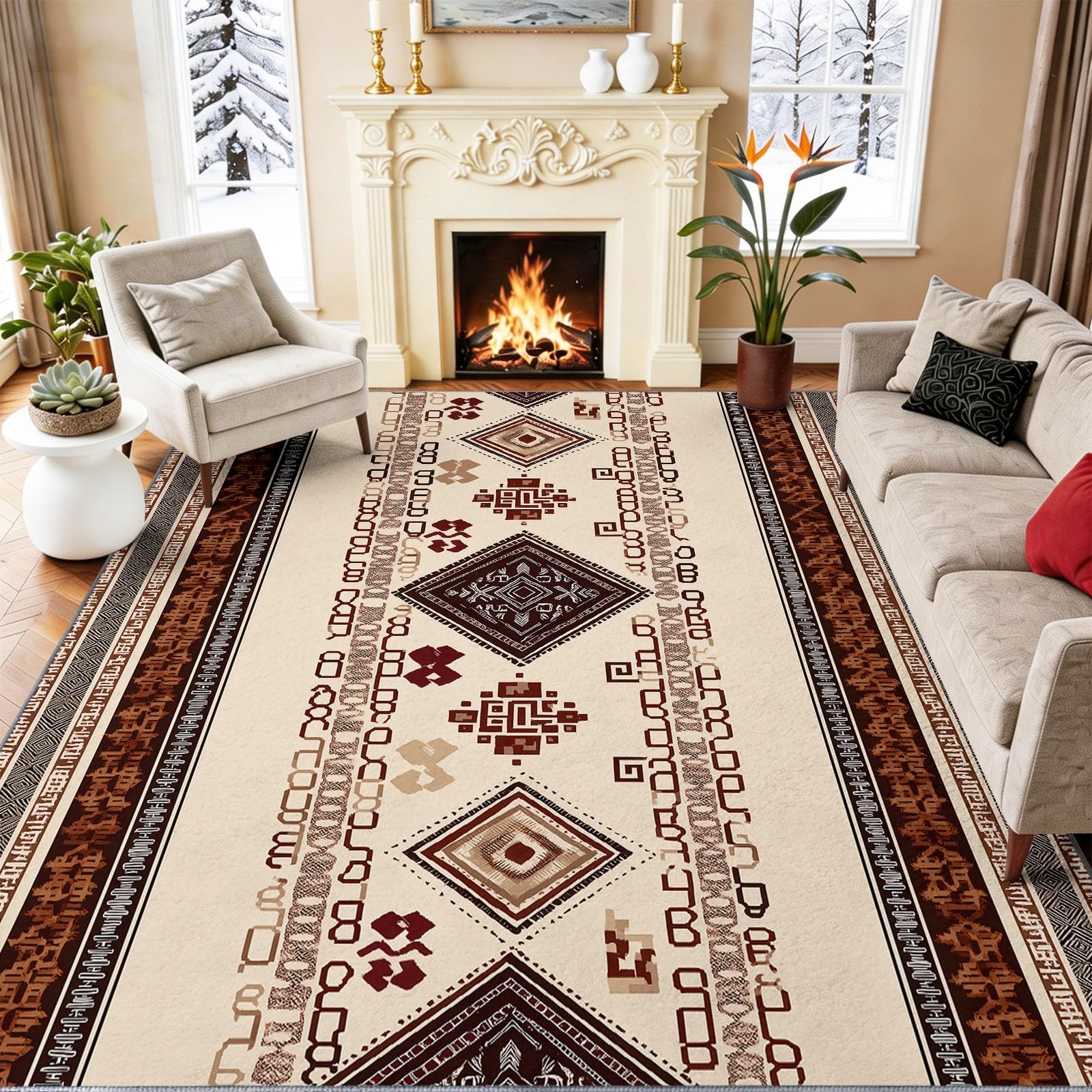 Tapis salon poil ras 60x110 cm lavable antidérapant ethnique brun