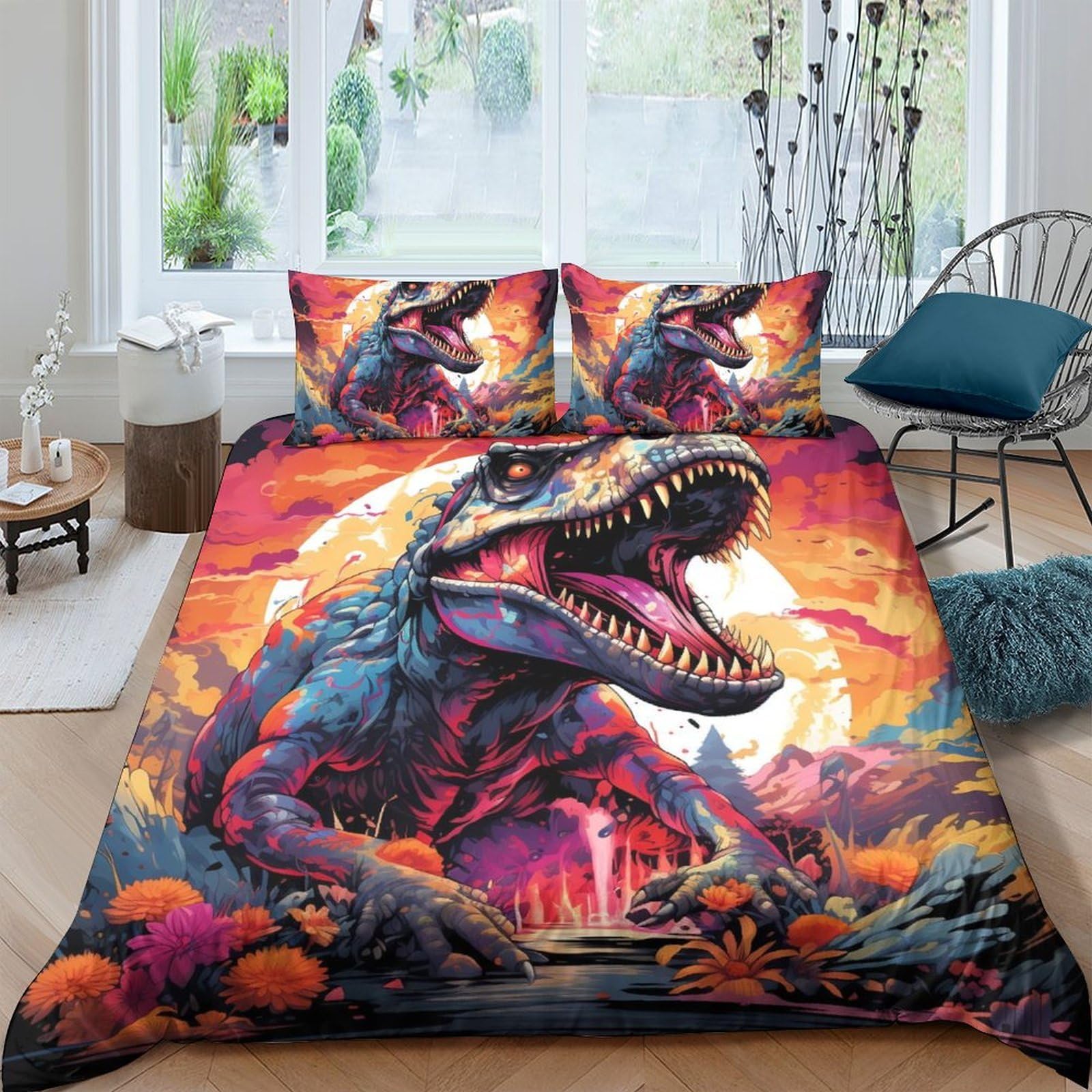 TUFRTGYHN 3D Printed Dinosaur Volcano Duvet Cover Microfiber Soft Breathable Lava Jurassic Bedding Set with 2 Pillowcases for Bedroom Home Decor Single（135x200cm）