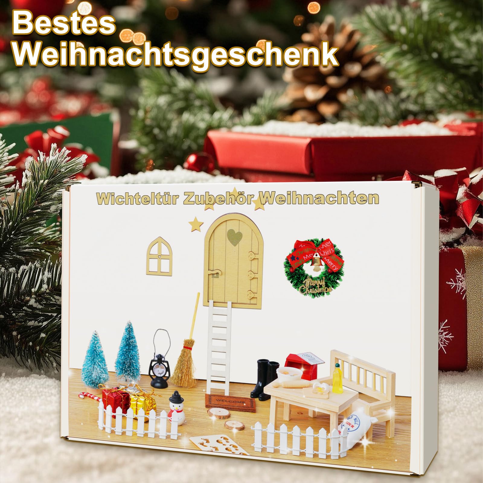 52 szt. akcesoria do drzwi skrzatów, Boże Narodzenie, skrzat bożonarodzeniowy, miniaturowe drzwi elfów, dekoracja bożonarodzeniowa, kompletny zestaw z bałwanem, wieniec bożonarodzeniowy, akcesoria