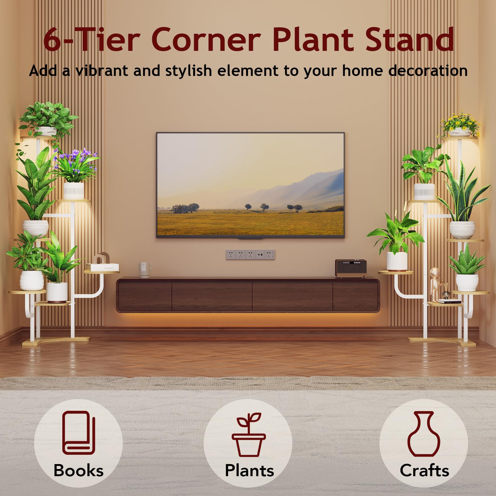 Homsorout Soporte esquinero para plantas con luz de crecimiento, soporte para plantas de 6 niveles, estante redondo de metal con luz ajustable, organizador de plantas para sala de estar, jardín