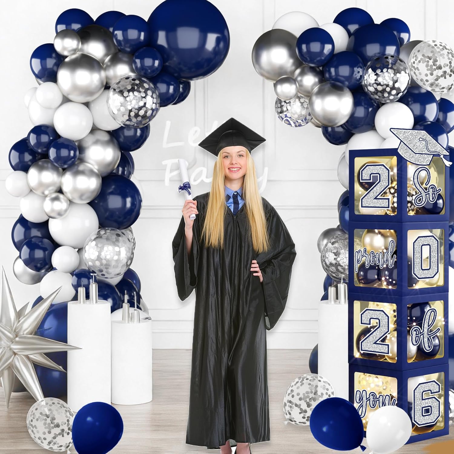 Graduation Decorations Class Of 2026,Navy Blue and Silver Graduation Decorations 2026 Boxes Balloon Arch With Letters 2026 Grad So Proud Of You for High School College Party