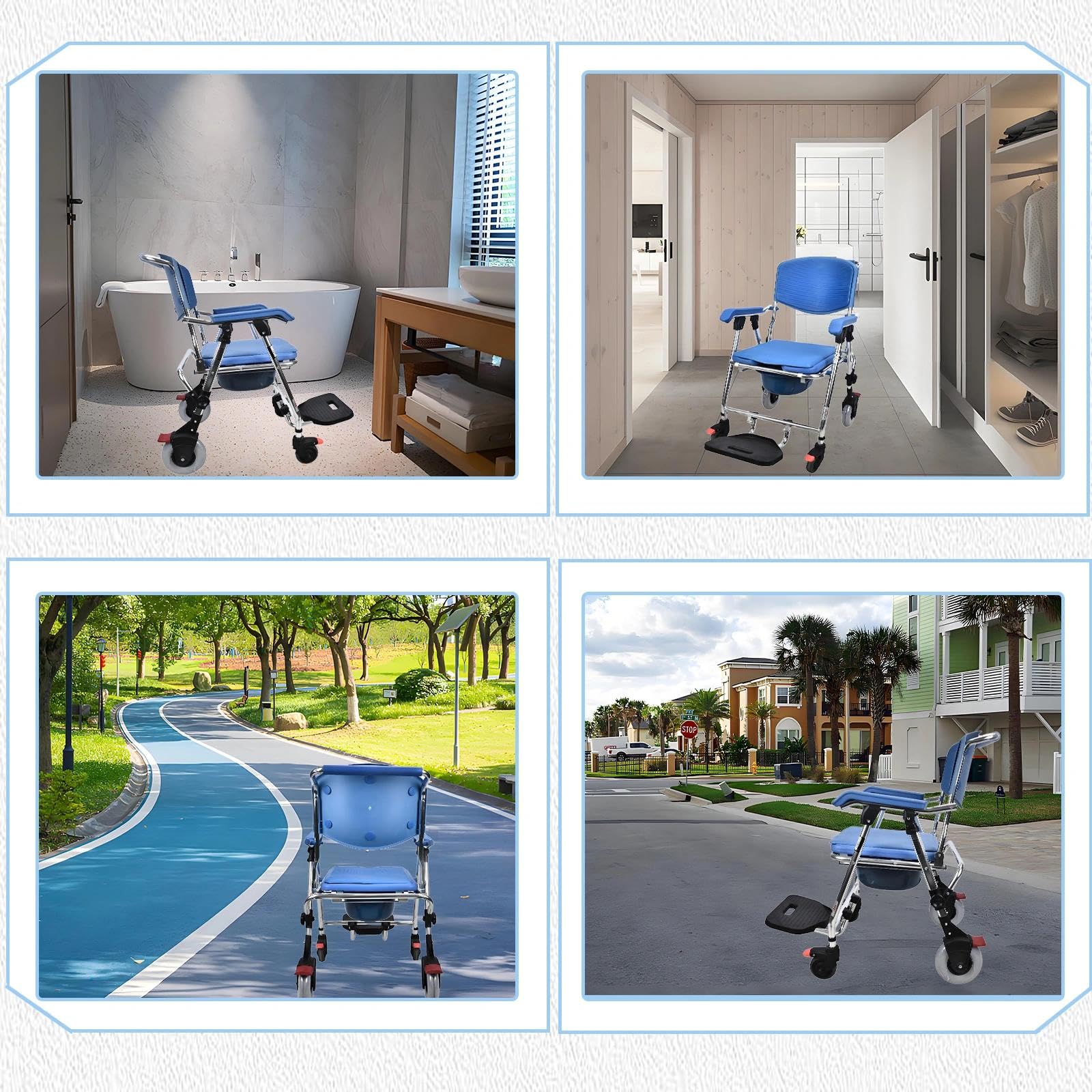 Silla Ducha con Ruedas para Personas Mayores, Azul Silla Ducha Plegable WC Portátil, 4 en 1 Silla con Inodoro Incorporado y 4 Ruedas de Bloqueo para Adultos, Capacidad de 150kg