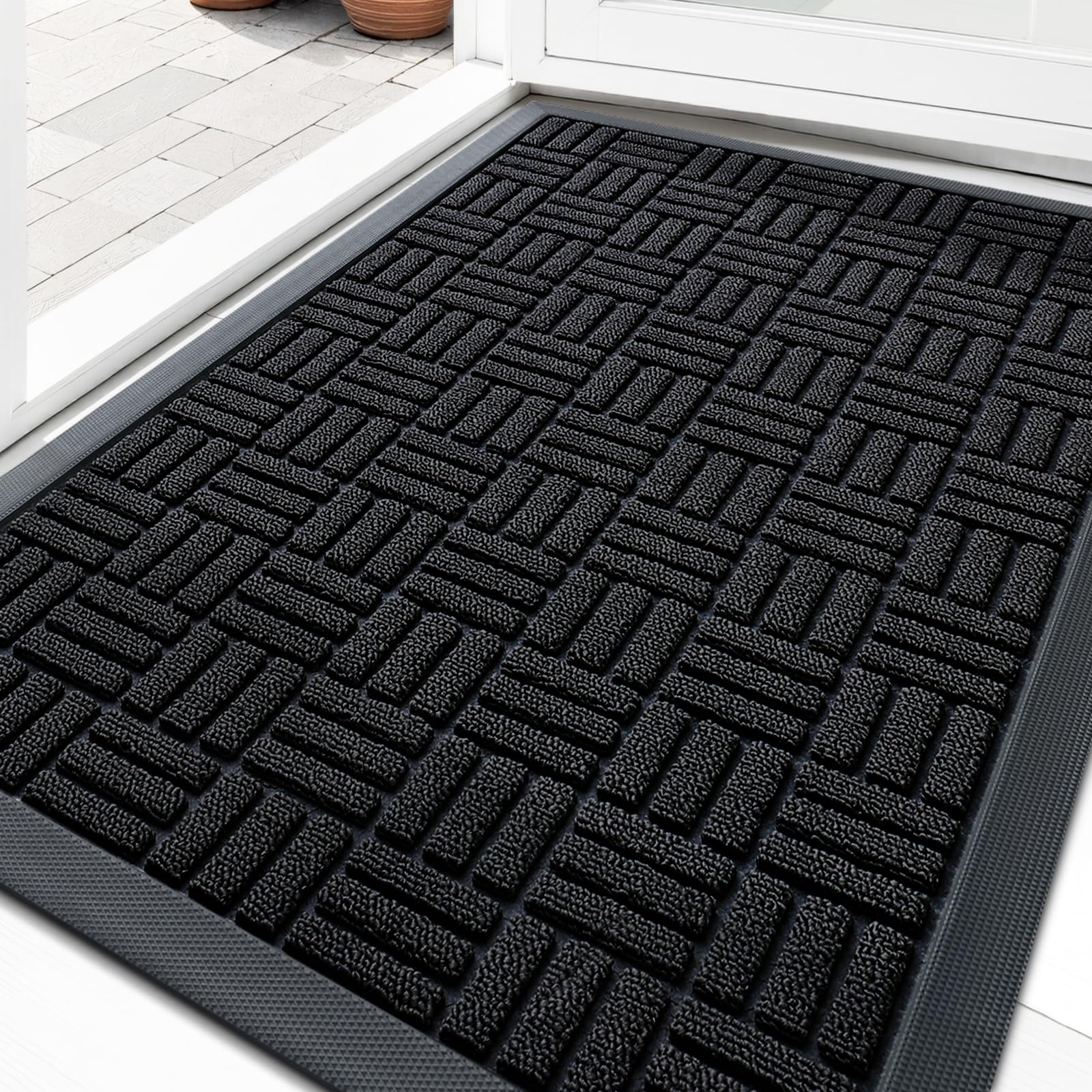 OLANLY Front Door Mat Outside Entrance 35x23, Absorbent, Heavy Duty Sturdy Natural Rubber Doormat Indoor Outdoor, Stain and Fade Resistant, Non-Slip Backing Low Profile Floor Mat for Entryway, Black