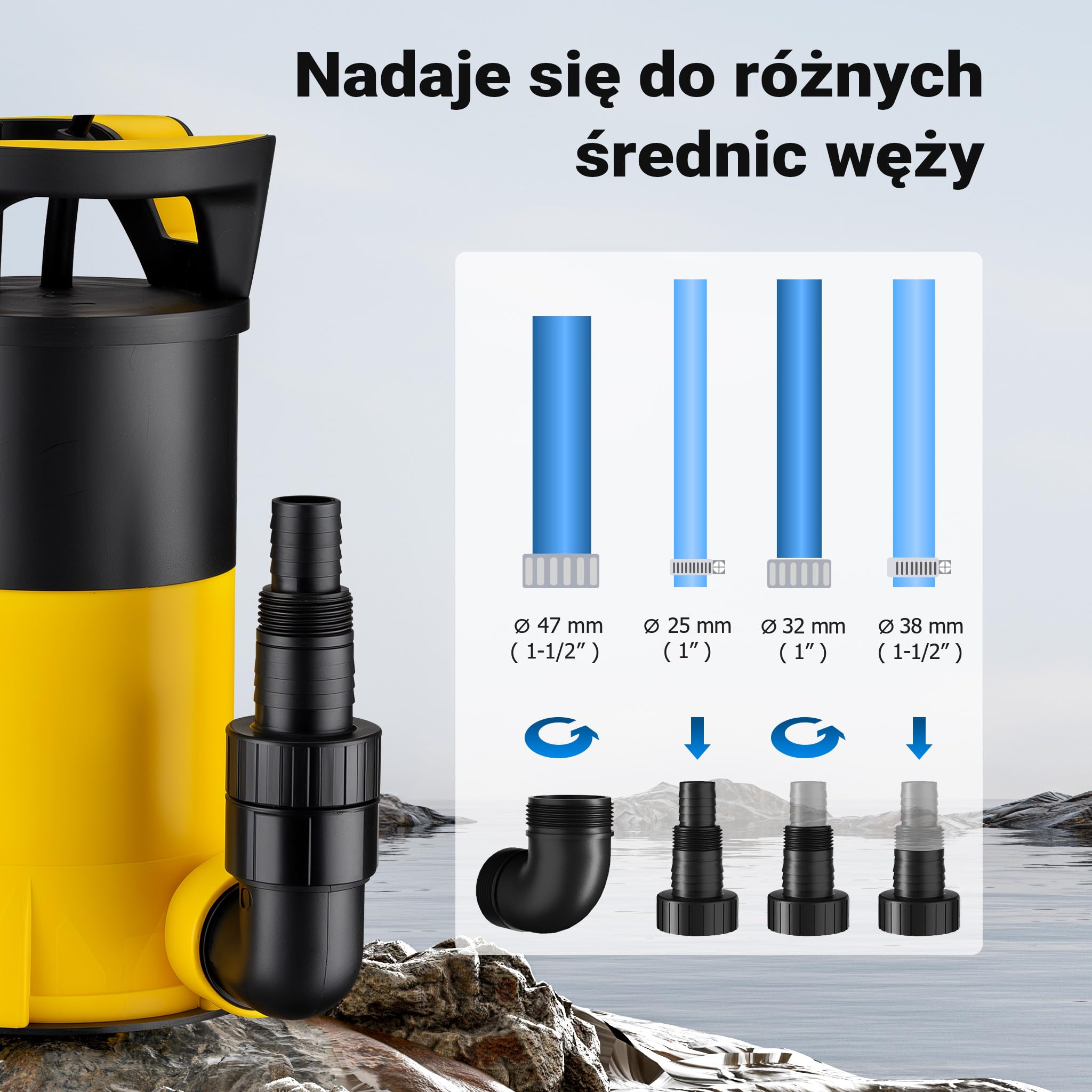 Wiltec Pompa zanurzeniowa 3-w-1 do wody czystej i brudnej, z PPO, 750 W z przepływem 14000 l/h, z dwoma podstawkami na różne wymagania
