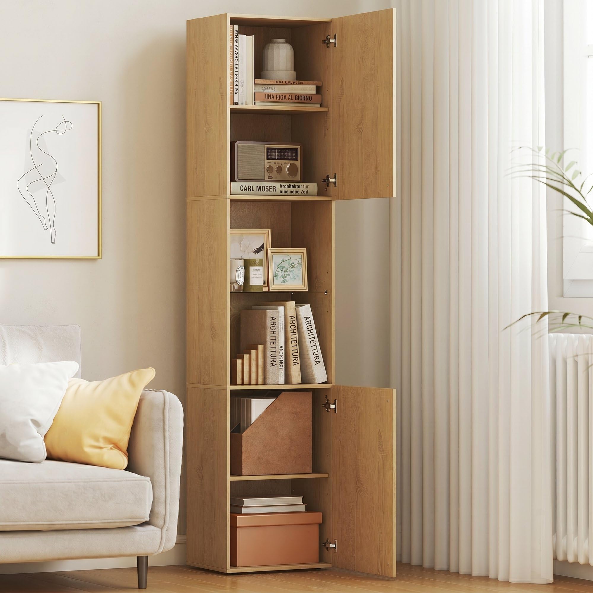 HOMCOM Colonna da Bagno Mobile Bagno Slim 6 Ripiani 40x31x182cm Rovere | 2 Ante, Scomparti Aperti, Ripiano in Vetro Temperato, Ripiani Regolabili, per Toilette e Piccoli Spazi