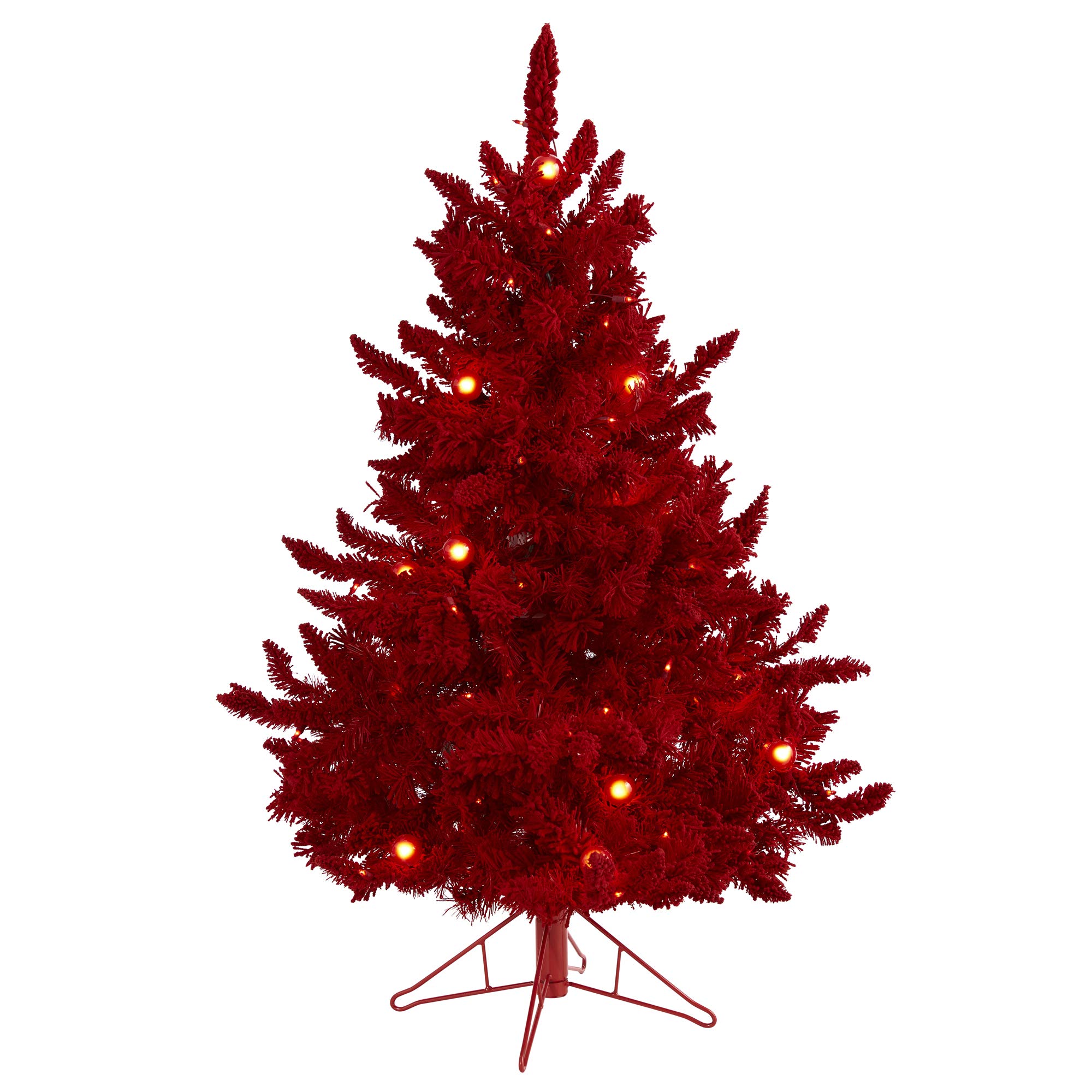 Nearly Natural 4ft. Red Flocked Fraser Fir Artificial Christmas Tree with 100 Red Lights, 14 Globe Bulbs and 270 Bendable Branches