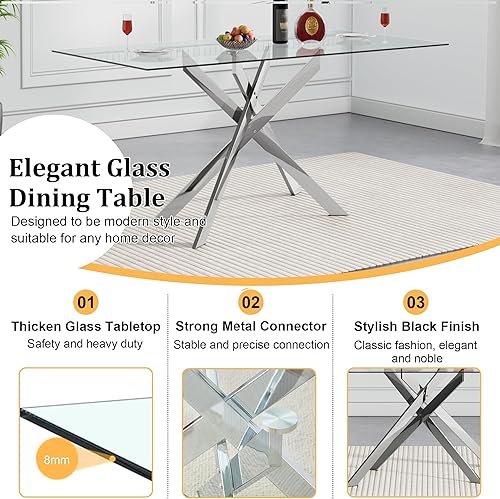 Miniatura 7 de Pvillez Mesa de comedor de cristal de 51 pulgadas para 4, mesa de comedor moderna de vidrio templado con patas de metal plateado, mesa de comedor