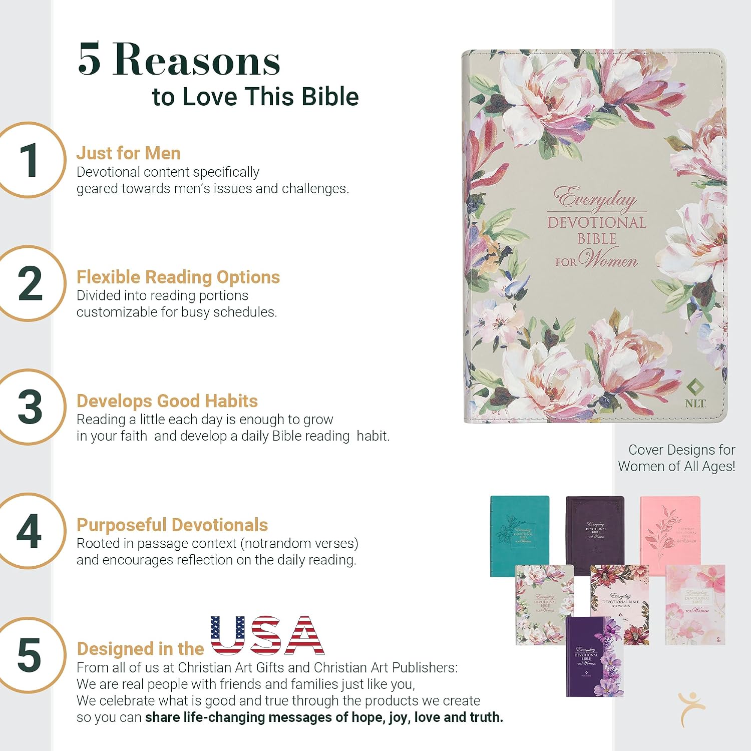 NLT Holy Bible Everyday Devotional Bible for Women New Living Translation, Vegan Leather, Pink Floral Printed, Flexible Daily Bible Reading Plan Options (NLT Womens Devo Editions)