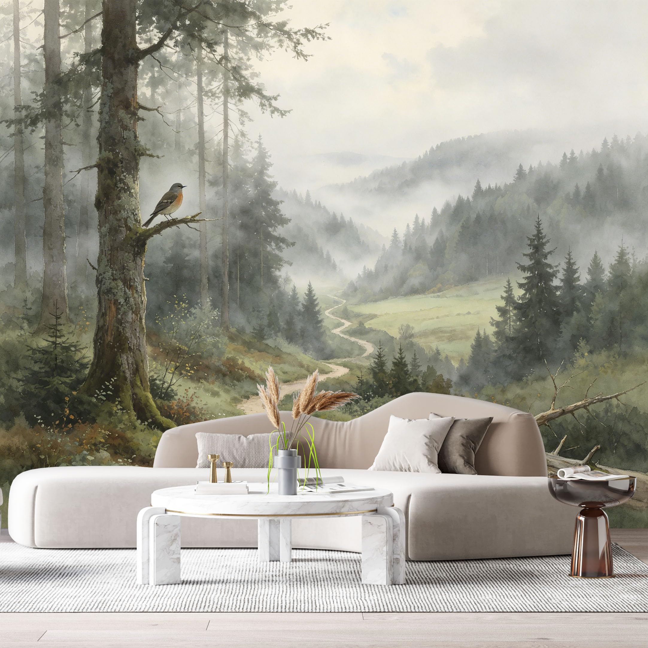 Custom Size Wall Murals Misty Forest Landscape Watercolor Painting Pine Trees Bird Path SelfAdhesive Wall Fabric Removable Large Wallpaper for Photo Living Room