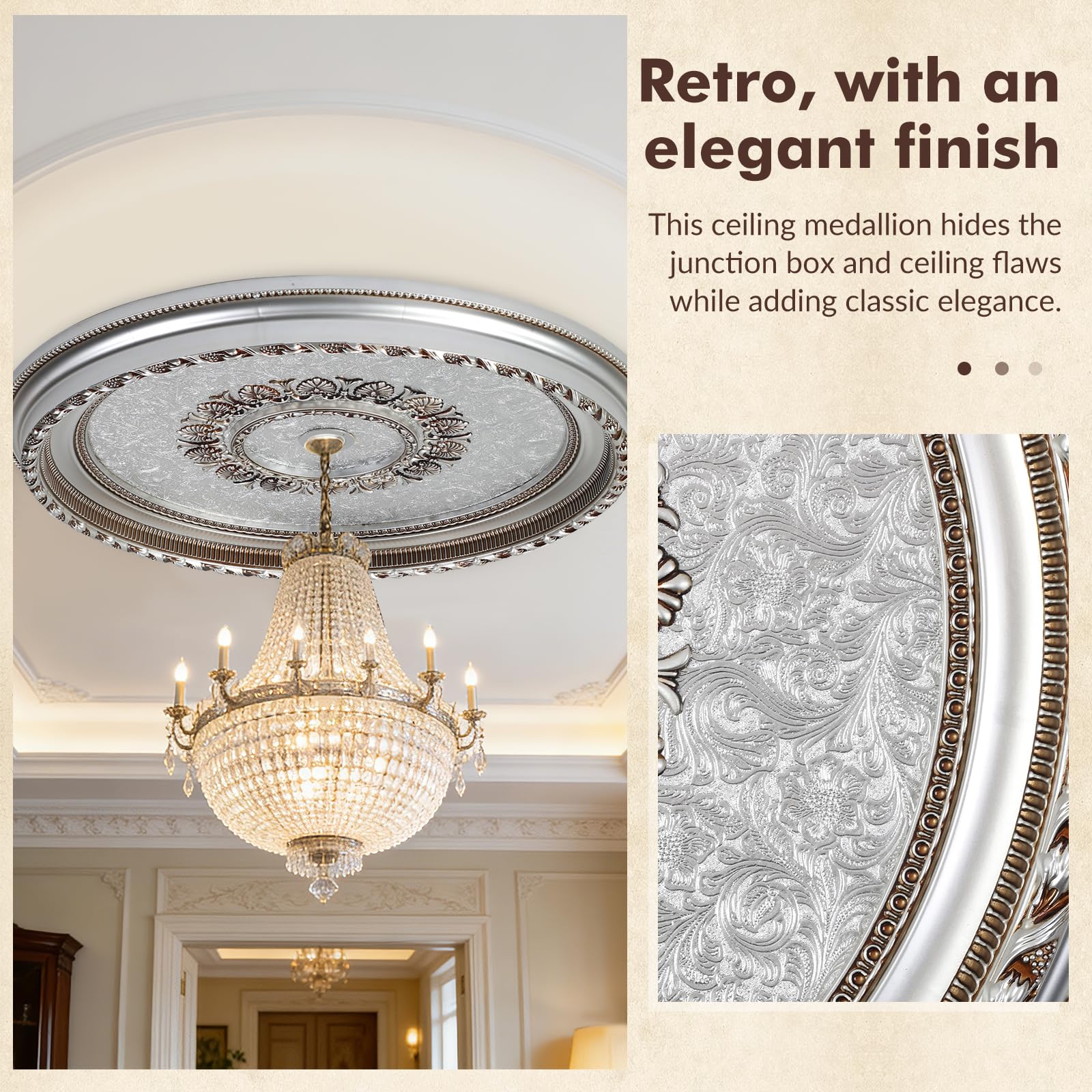Large Ceiling Medallion, 31.5 Inch, Silver and Gold, Floral Embossed, for Light Fixtures and Chandeliers — Amazon image 3
