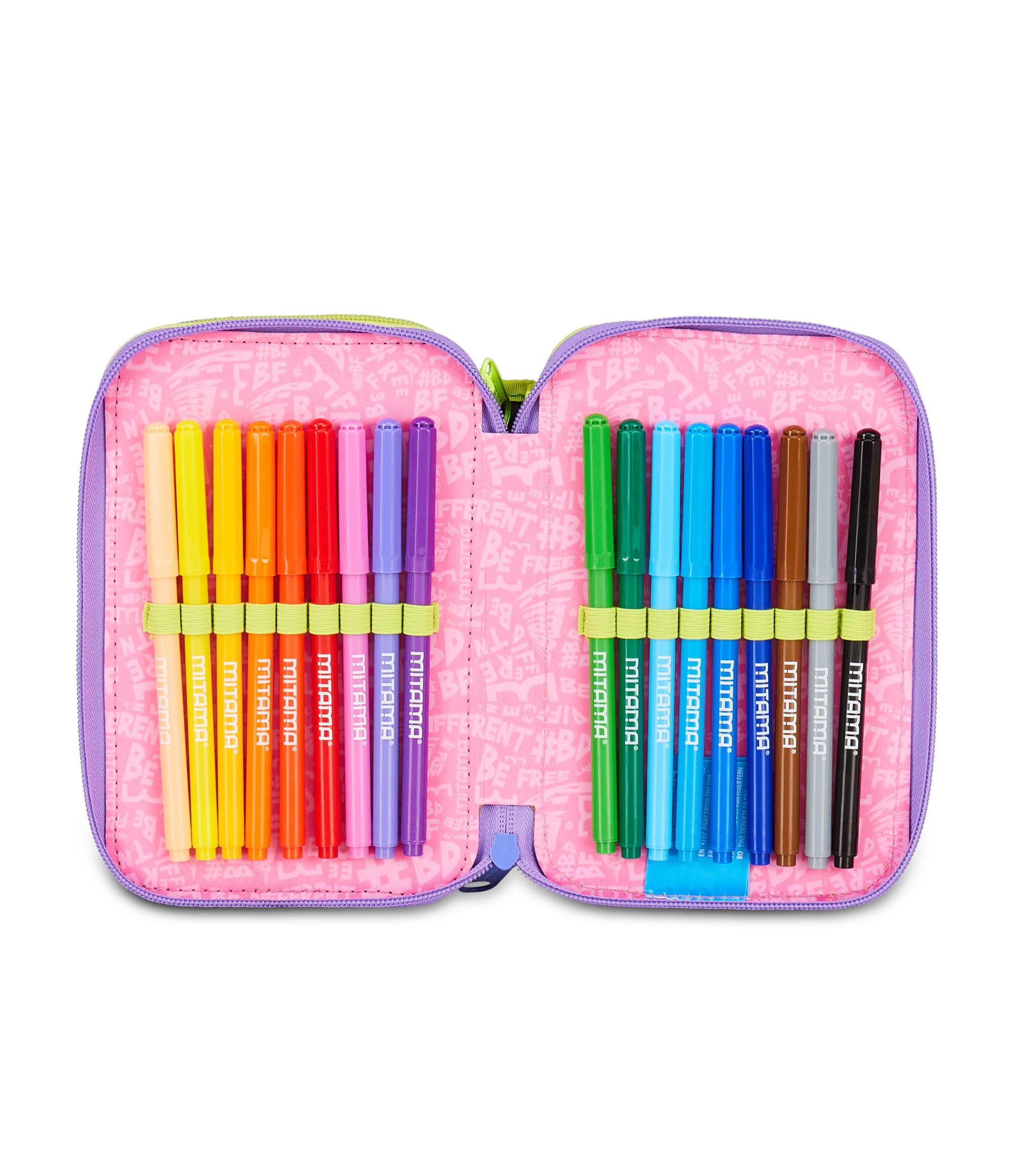Mitama Astuccio Scuola 3 Scomparti, TRIPLO MUSIC STICKER, Contenuto 47 pz, Completo di Matite, Pennarelli, Portapenne Scuola Elementare Bambina