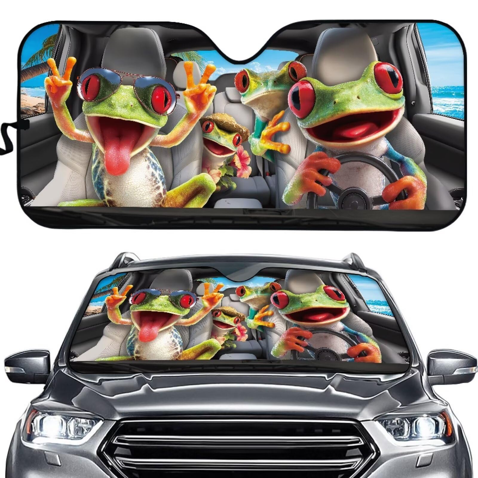 Suhoaziia Frog Family Driving Car Sun Shade Windshield Easy to Use Folding Automotive Window Sunshade Car Window Shade Blocks Max UV Rays and Keeps