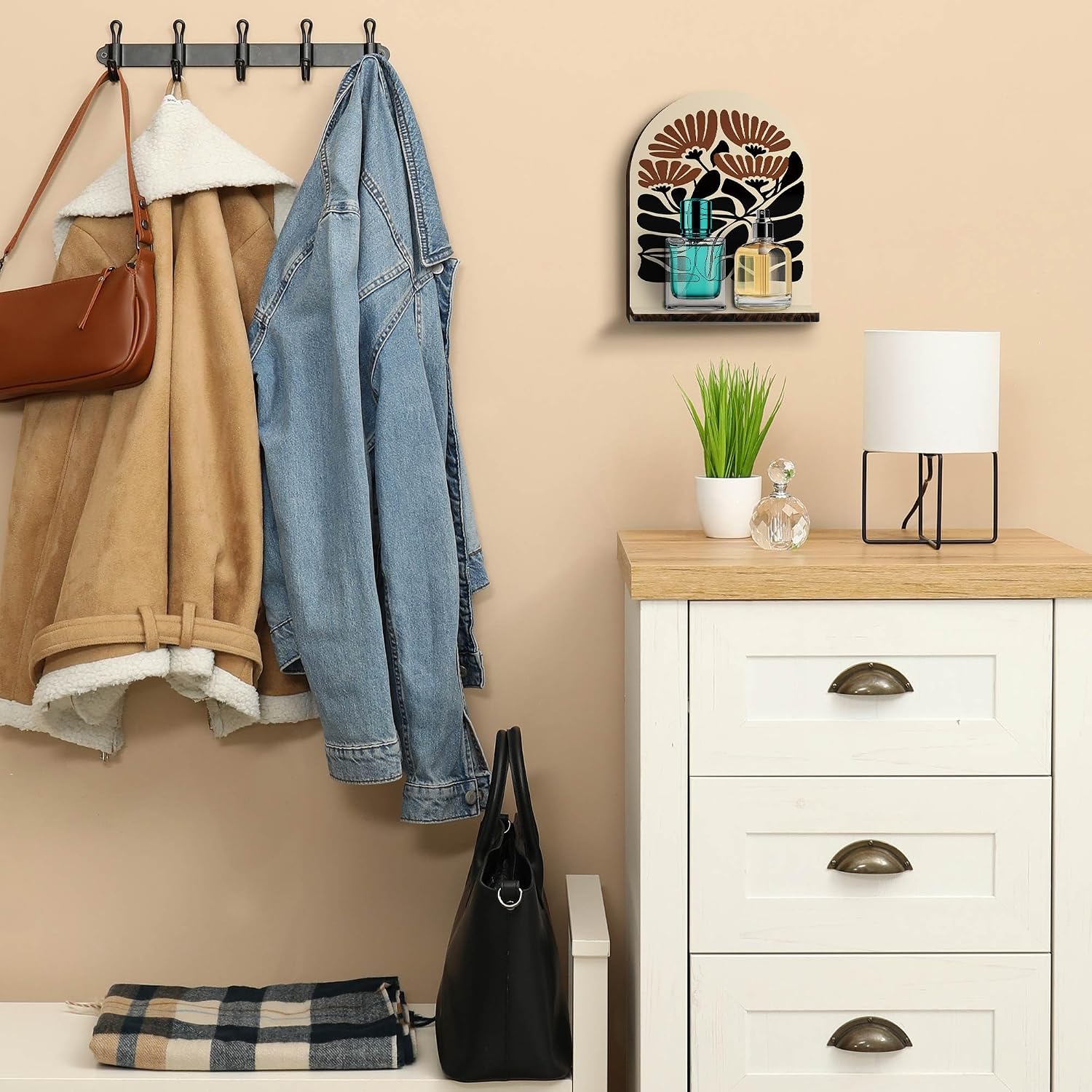 Boho Abstract Floral Wall Shelf, Abstract Minimalist Flower Wooden Hanging Floating Shelves, Neutral Modern Floral Hanging Shelf Wall Decor for Living Room Bedroom Bathroom