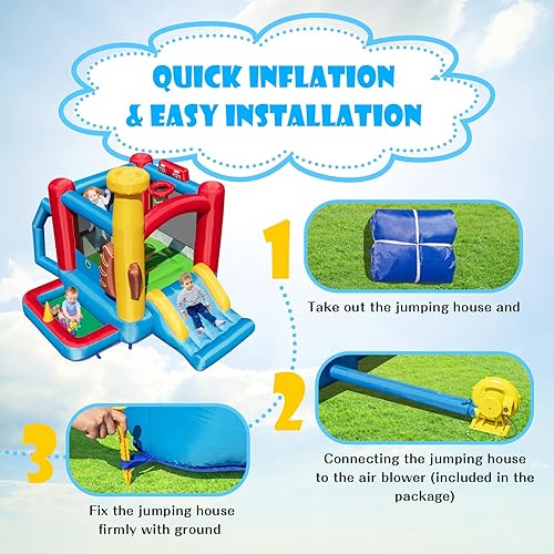Miniatura 6 de HONEY JOY Casa inflable de rebote con soplador de 735 W, rebote de luna inflable para niños con tobogán, área gigante de salto, estacas, bolsa de
