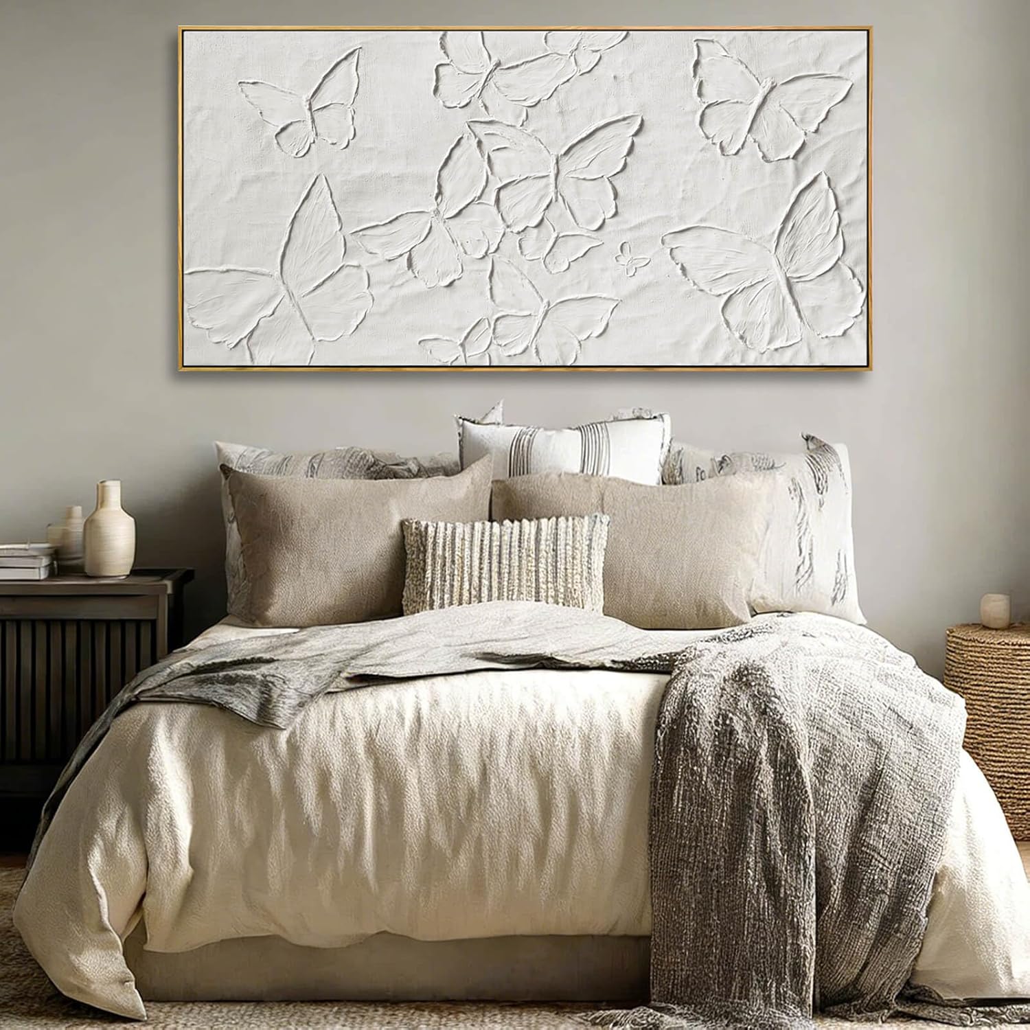 White Butterfly Wall Art 24x48 Inch, Large Framed 3D Textured Canvas Prints with Wooden Frame, Minimalist Relief Wall Decor for Bedroom Living Room or Office