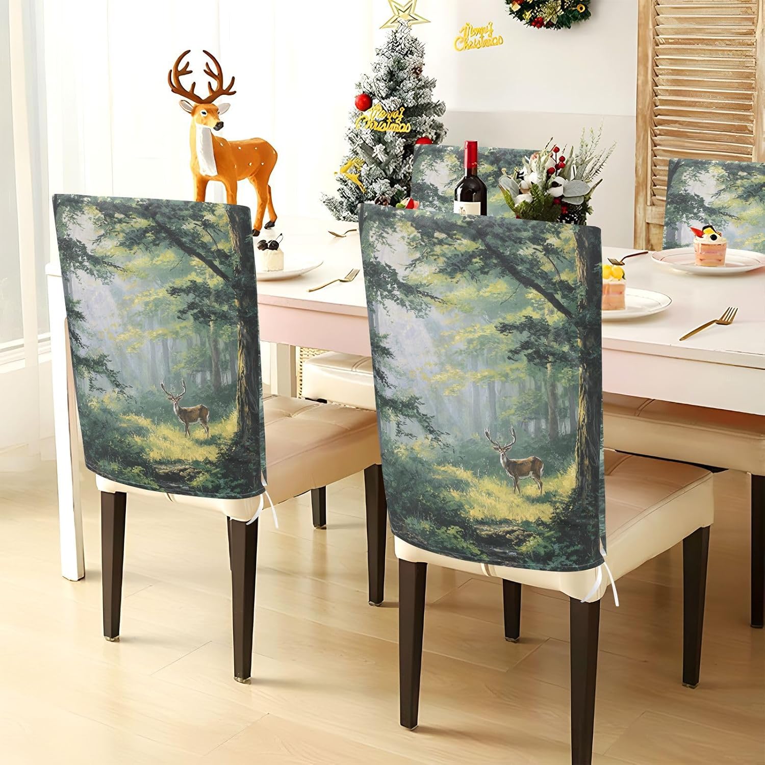 ALAZA Deer in Spring Forest Chair Back Cover Set of 6, Washable Reusable Removable Chair Slipcovers Decorative Chair Cover for Home Kitchen Wedding Party
