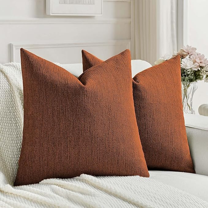 FUTEI Rust Chenille Decorative Throw Pillow Covers 18x18 Set of 2 Soft Cozy Farmhouse