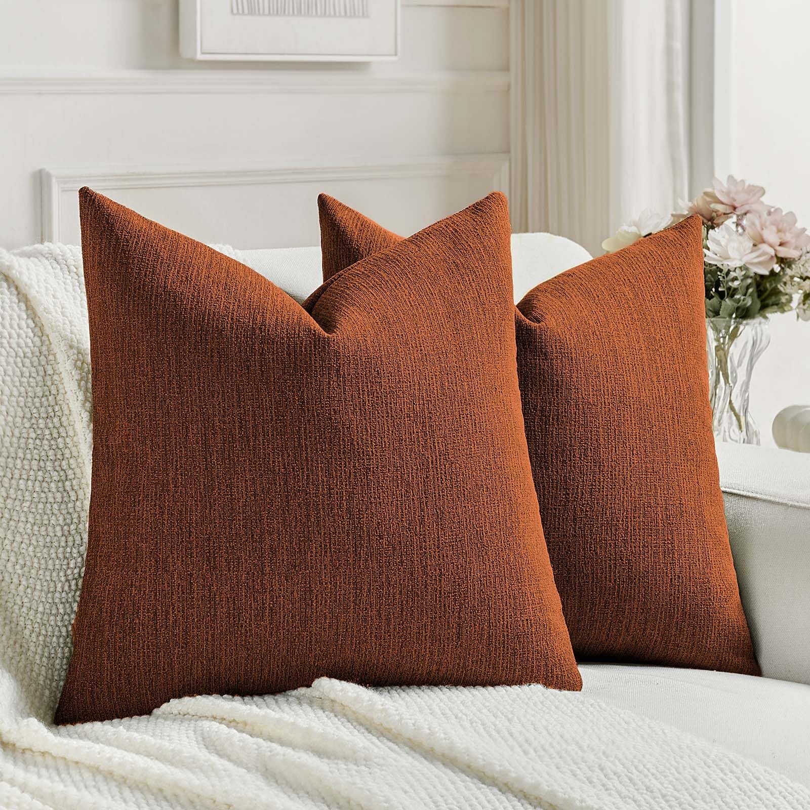 FUTEI Set of 2 Soft Chenille 60x60 cm Cushion Covers Textured Natural Faux Linen Scatter Pillow Covers 60 x 60 cm Farmhouse Accent for Sofa Bedroom Living Room, Rust โ image 1