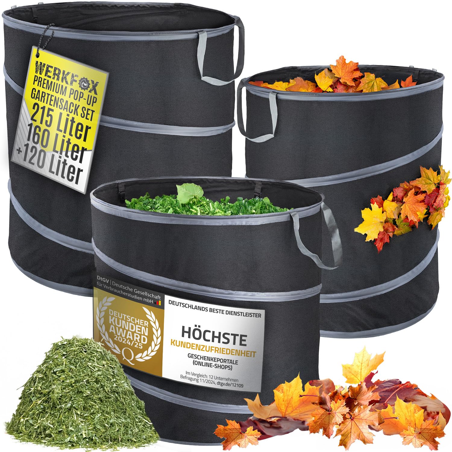Werkfox Garten-Abfallsack Selbststehend & robust; Pop-Up Gartensäcke, Laubsack für Grünschnitt, Rasenschnitt & Gartenabfälle (3er Set)