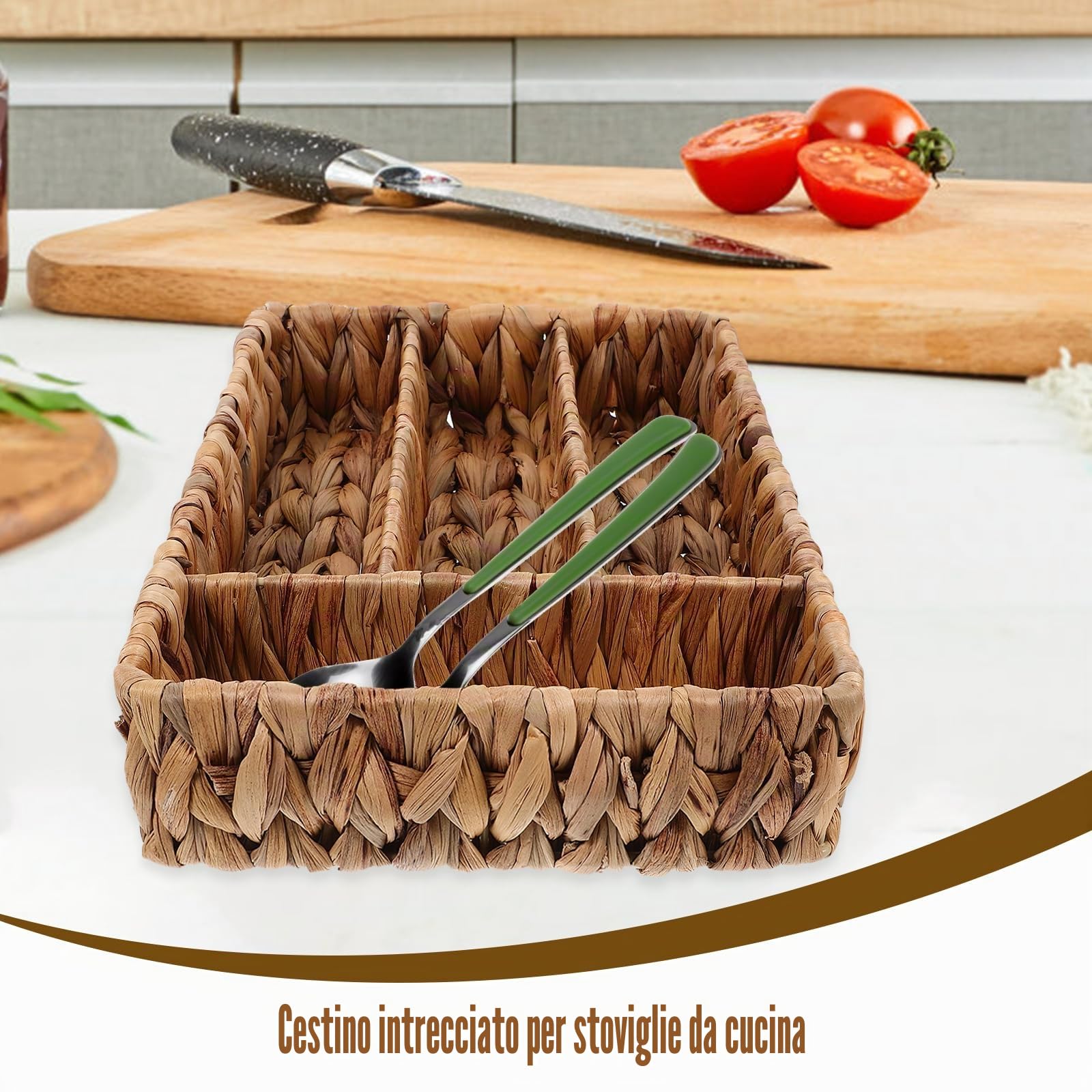 Ciieeo Cestino Porta Posate Intrecciato in Paglia 12.20X8.27X2.48In Organizer Diviso Per Posate E Utensili Da Cucina Design Compatto Salvaspazio Per Tavolo E Cassetti