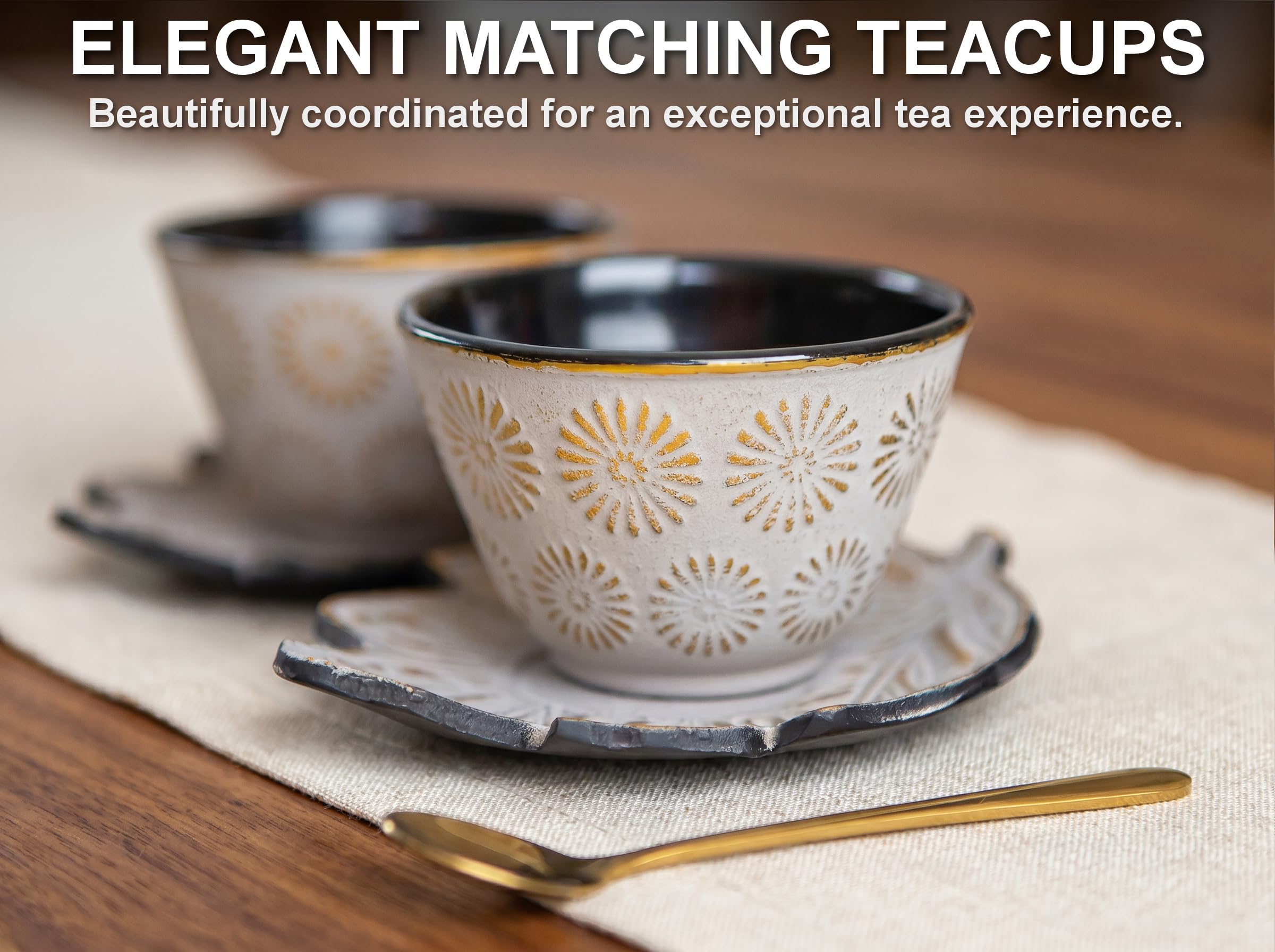Juego de té japonés de 7 piezas "Sand Color" de hierro fundido con 2 tazas de té, 2 platillos, infusor de té de hojas sueltas y trivet. Accesorios ceremoniales Matcha