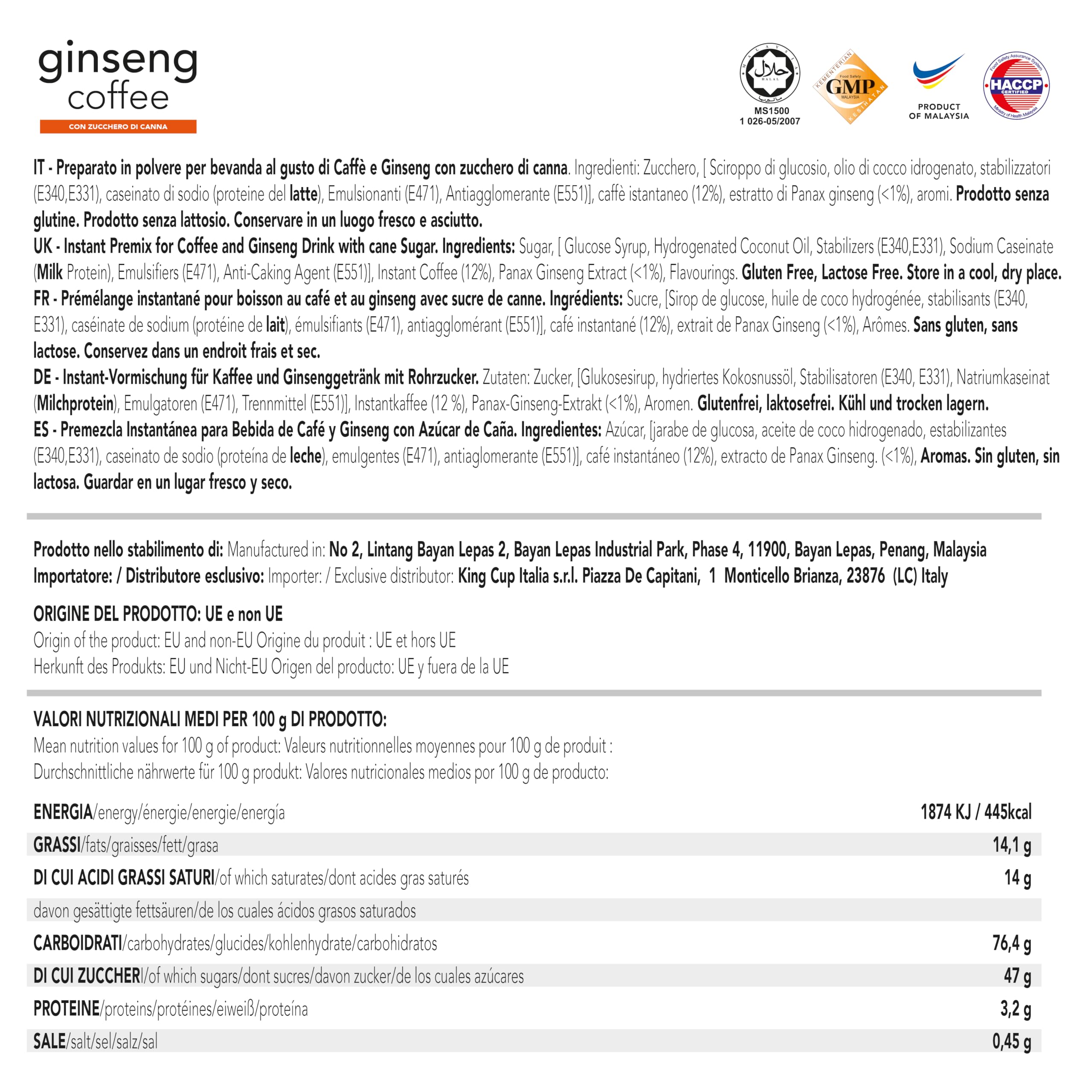 King Cup - 10 Paquetes de 10 Cápsulas de Ginseng con Azúcar de Caña, 100 Cápsulas 100% Compatible con el Sistema Nespresso de Bebida con Sabor de Ginseng, Sin Gluten y Sin Lactosa