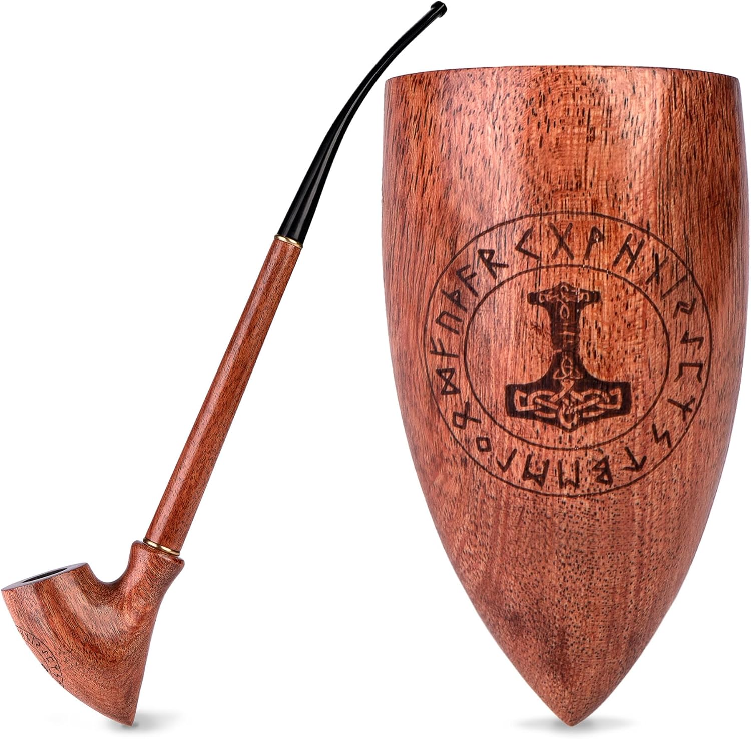 13.2" Long tobacco smoking pipe CHURCHWARDEN | pipes - (33cm) Mjolnir - Thor's Hammer engraving | for 9mm Filter | Velvet pouch gift
