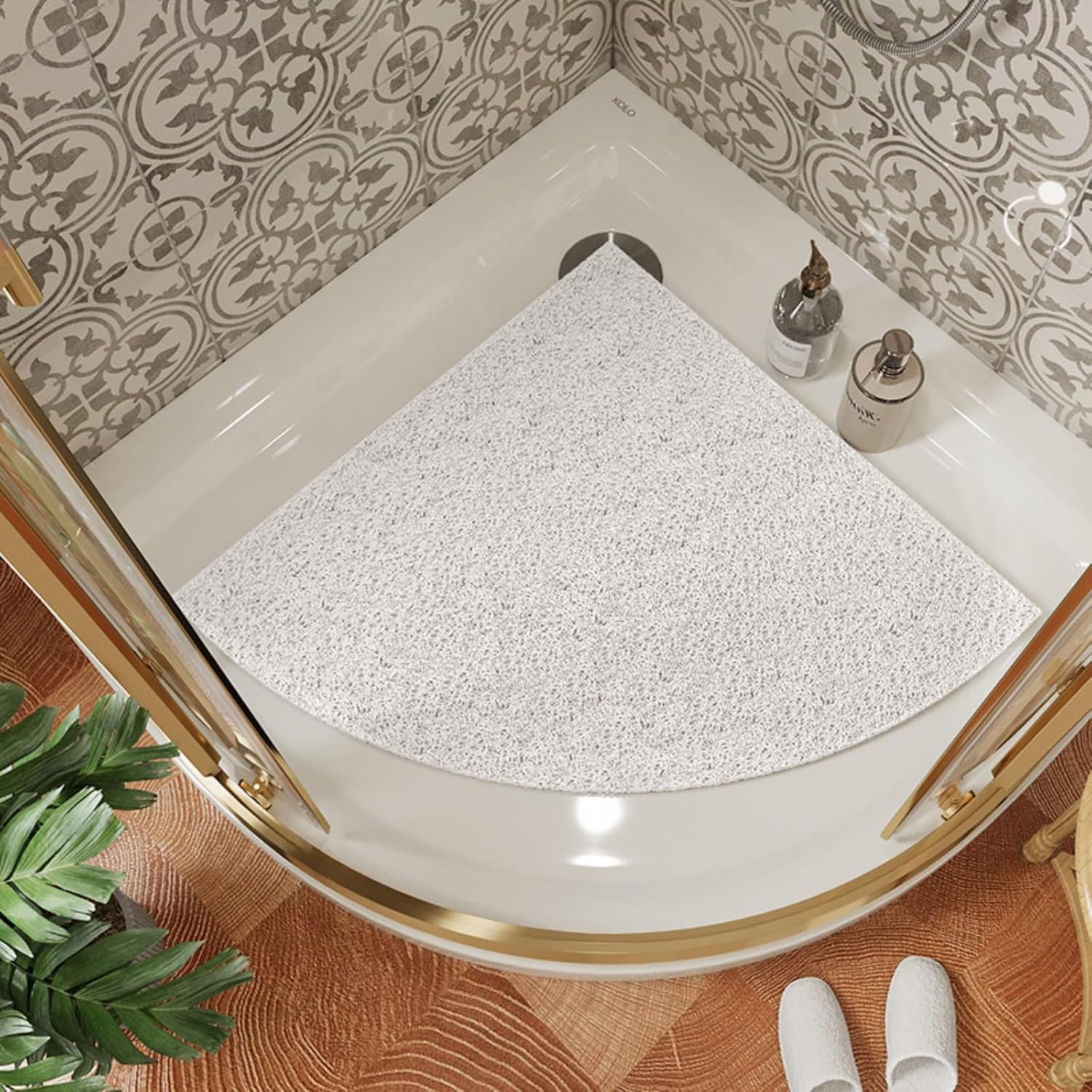 Non-Slip Corner Shower Mats for Inside Shower, Quick Dry Large Triangle Bath Mat, Stand Up Shower Mat with Drainage Holes for Adult, Kids (Black-Gray, 31.5''X31.5'')