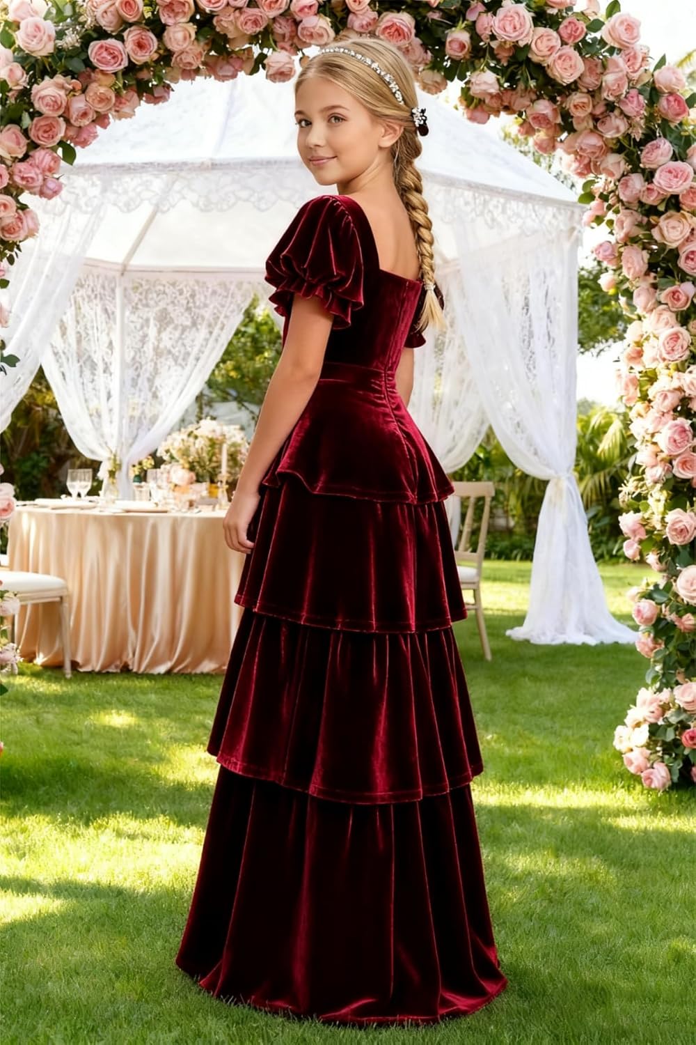 dideyttawl Girls Velvet Pleated Junior Bridesmaid Dress A-Line Short Lantern Sleeves Flower Girl Formal Ball Gown 2542 - Image 2