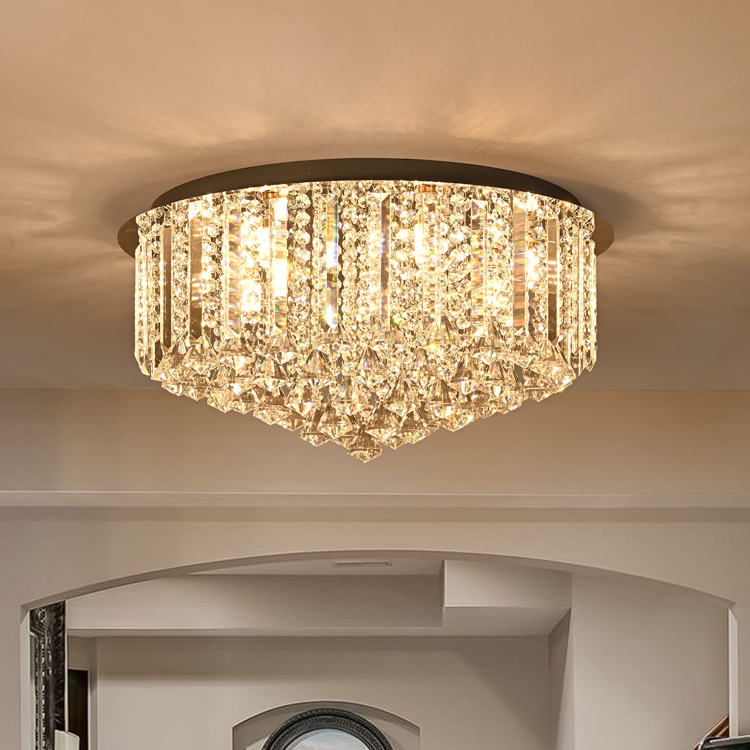 Photo 1 of Mccokaige 24 Inch Crystal Ceiling Light K9 Crystal Flush Mount Ceiling Light Chrome Crystal Ceiling Light Fixture Modern Crystal Ceiling Light Fixture with Remote for Living Room Hallway (Bulb Incl.) 24 inch Chrome