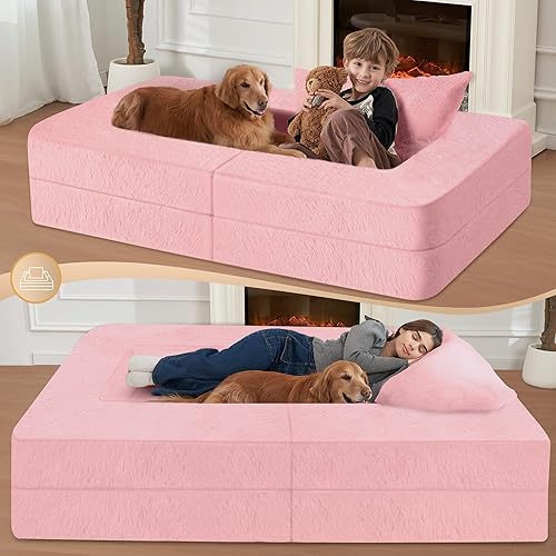 Miniatura 250 de Cama humana gigante para perro, cama 3 en 1 para perro de tamaño humano con funda de piel sintética lavable, cama grande plegable para mascotas con