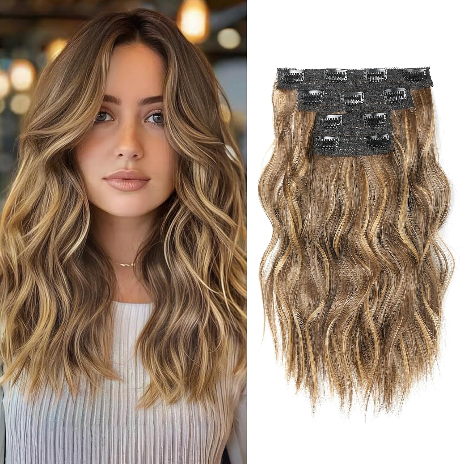 Hair Extensions, 14″ Short Clip in Hair Extensions 4PCS Beach Wave Brown Hair Extensions Natural Soft Synthetic Hairpiece for Women – Light Brown with Highlights