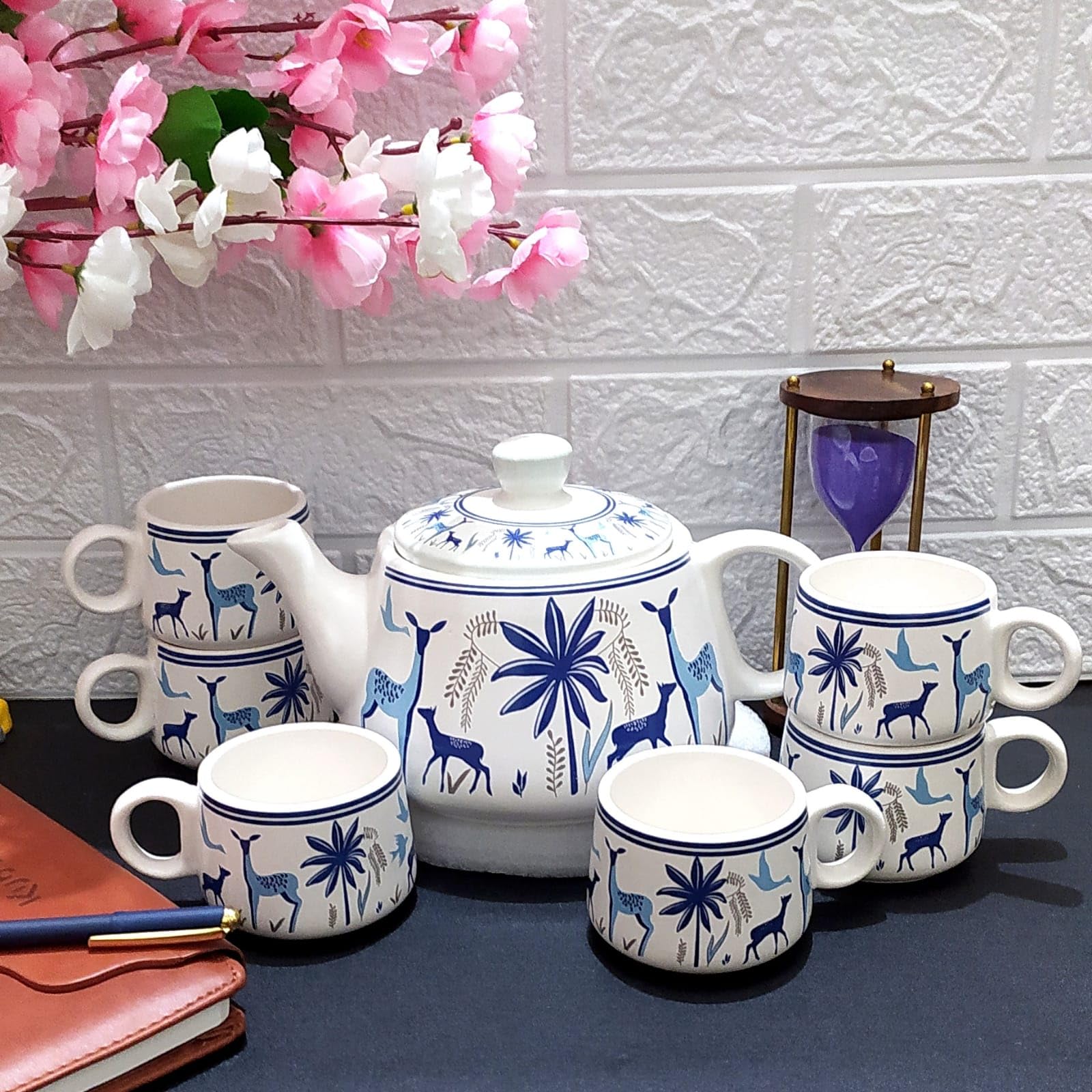 Aav World Amazing Blue Deer Design Printed Ceramic Tea Kettle Milk Pot and Cup Set of 6, Kettle Size 950ml, White (B0CRP65RLX) Amazon Price History, Amazon Price Tracker