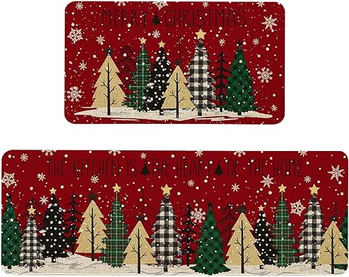 Juego de 2 alfombras y tapetes de cocina de árbol de Navidad, tapete de cocina de Feliz Navidad, tapetes para piso lavables y antideslizantes de