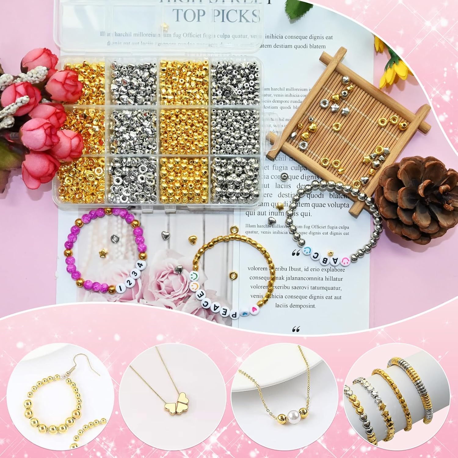 Looconi 1500pcs Spacer Beads Set,Gold and Silver Assorted Round Star Gold Beads for Bracelet Jewelry Making