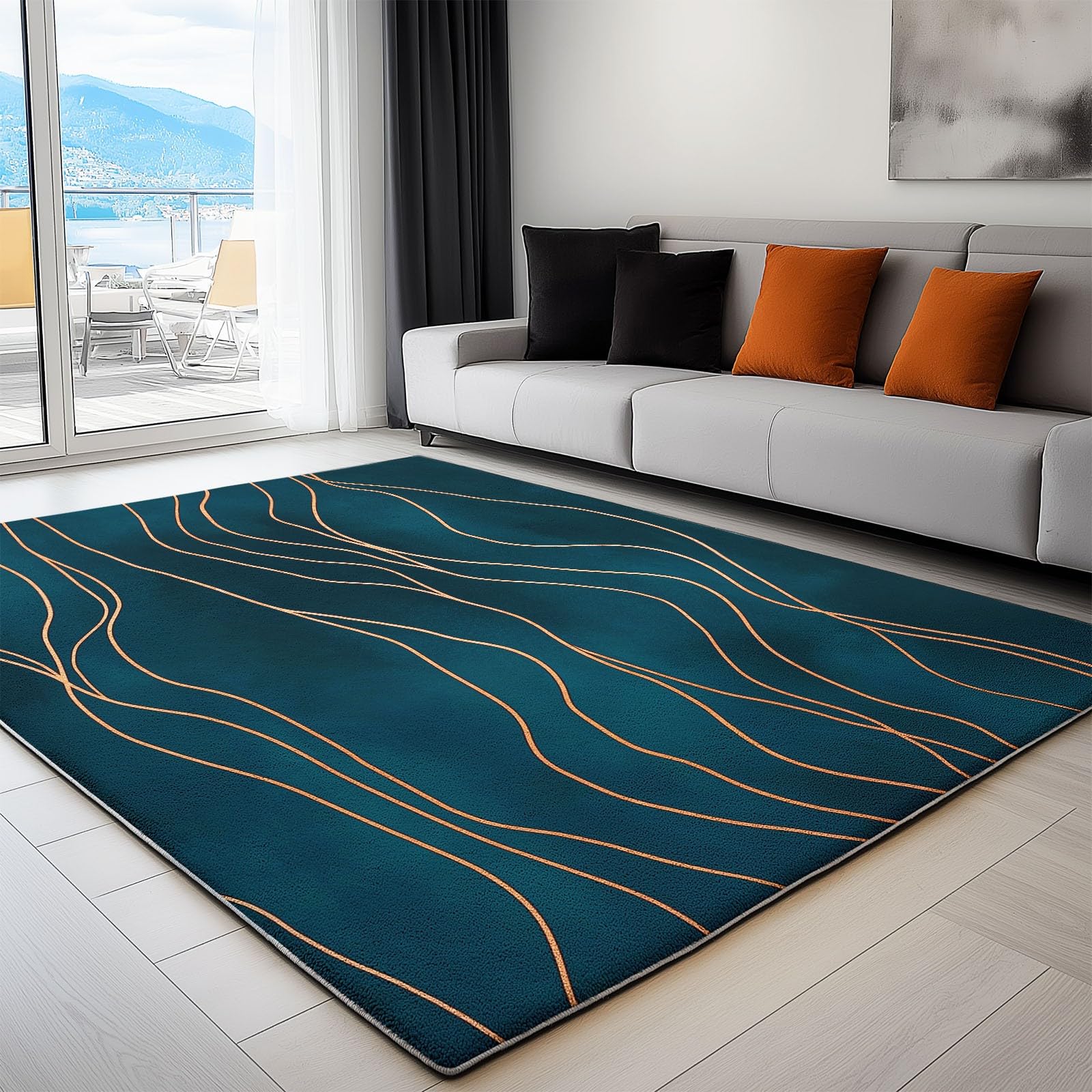 Tapis Moelleux de Salon Moelleux Lignes ondulées dorées Modèle adaptés à la Chambre à Coucher des Enfants décor à la Maison de la Chambre à Coucher intérieure Tapis (Bleu canard foncé 160 x 230cm)