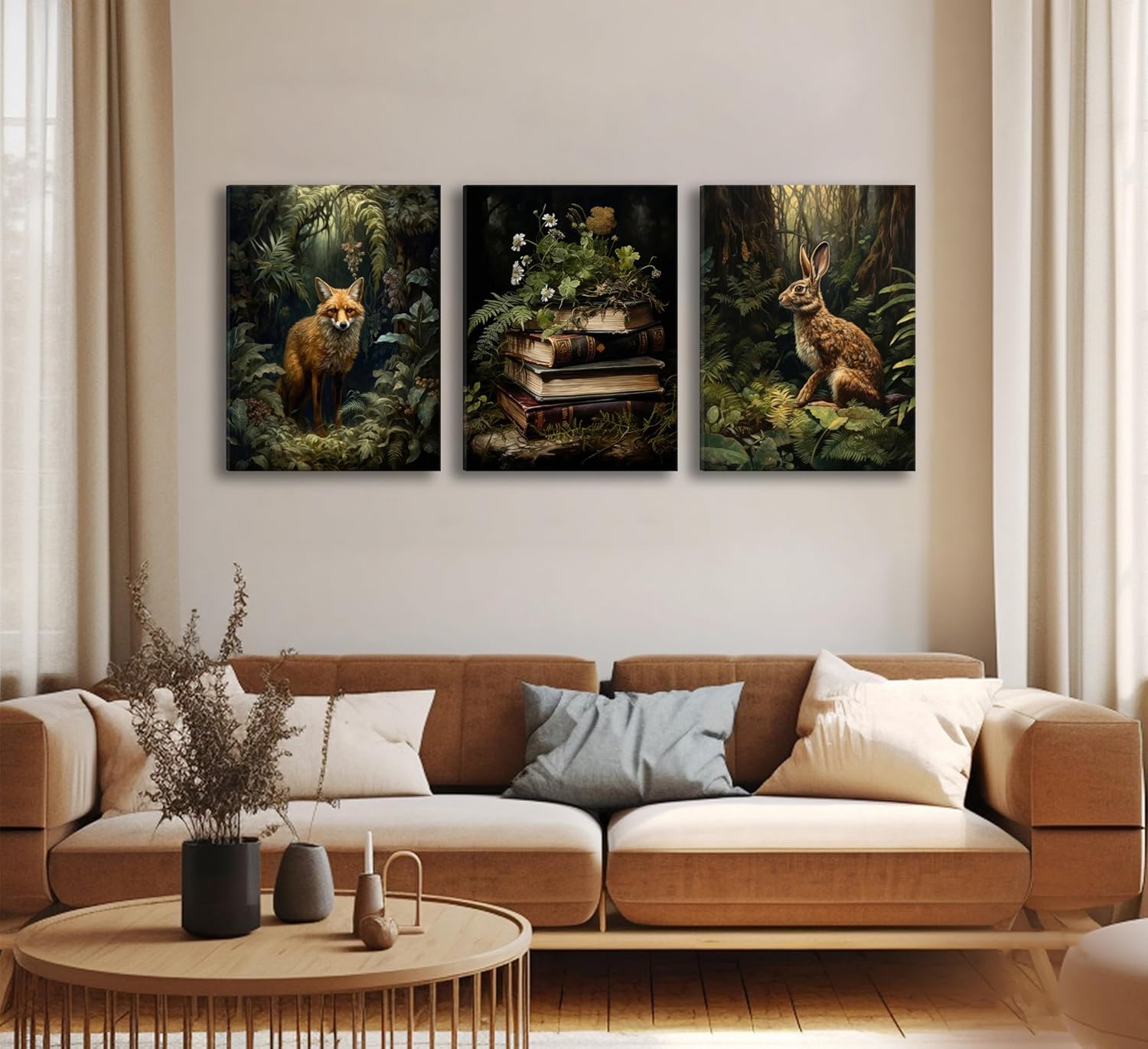 3Pcs Dark Forest Animal Canvas Wall Art Vintage Fox Rabbit Books Painting Picture Wall Decor Victorian Gothic Botanical Flower Poster Print Artwork for Living Room Bedroom Home Decoration