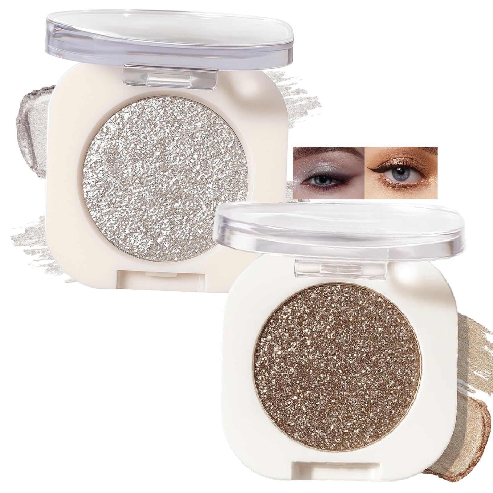 2 Colors Set, Silver Glitter & Mocha Brown Eyeshadow, Single Pressed Powder, Shiny Shimmer Finish, Highly Pigmented