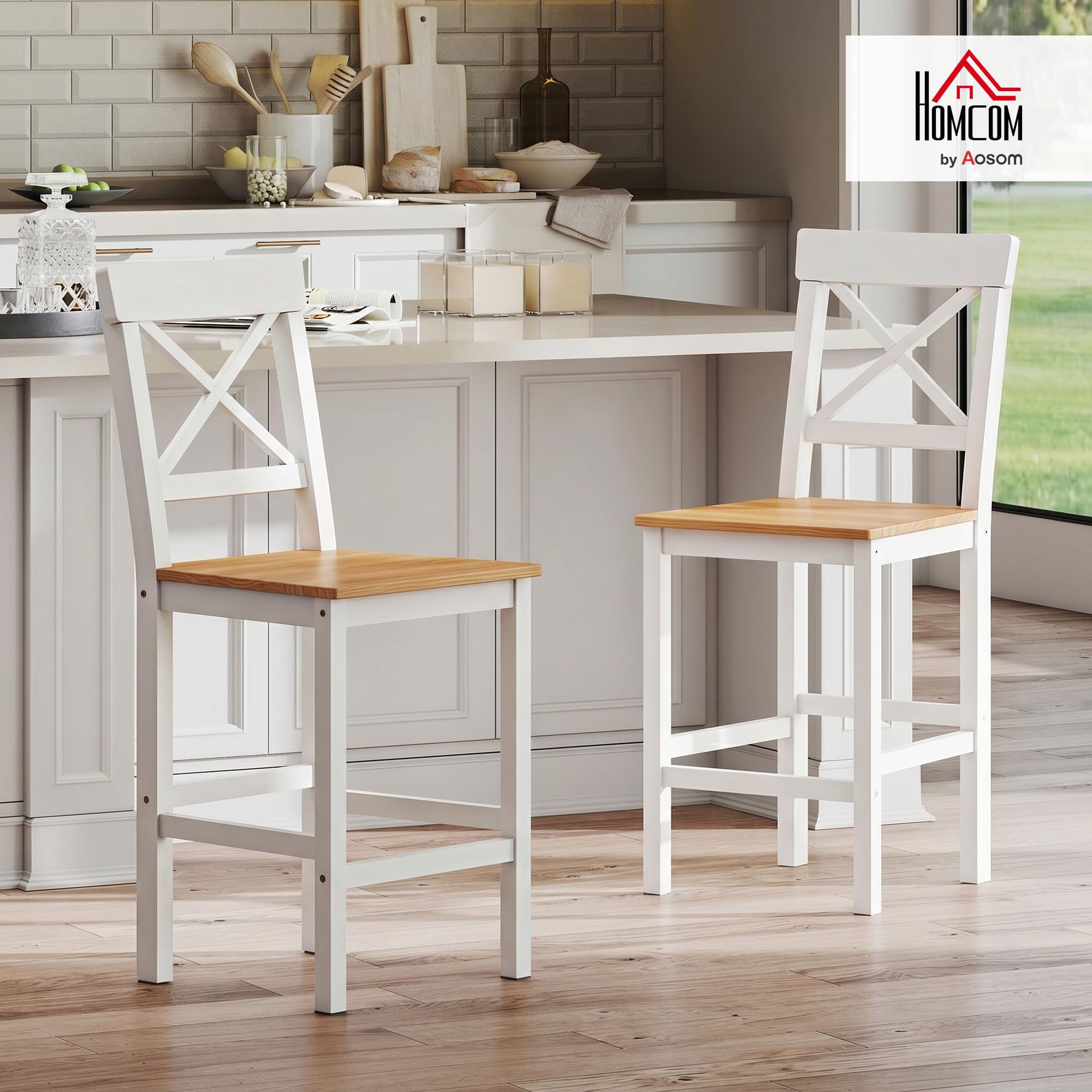 HOMCOM Conjunto de 2 Taburetes de Bar Altura Asiento 60,2 cm Taburetes de Cocina de Madera con Respaldo y Reposapiés Carga 120 kg para Comedor Salón Natural y Blanco