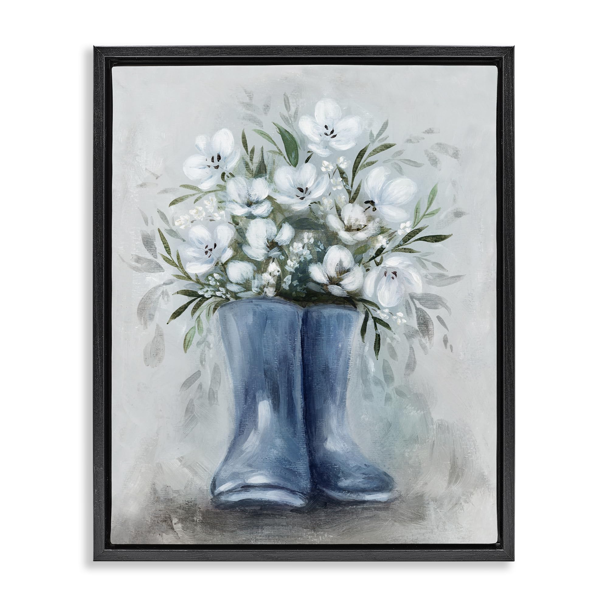Stupell Industries Jet Black (Matte) 'Botanical Bouquet In Blue Boots'| Floating Frame Canvas Art