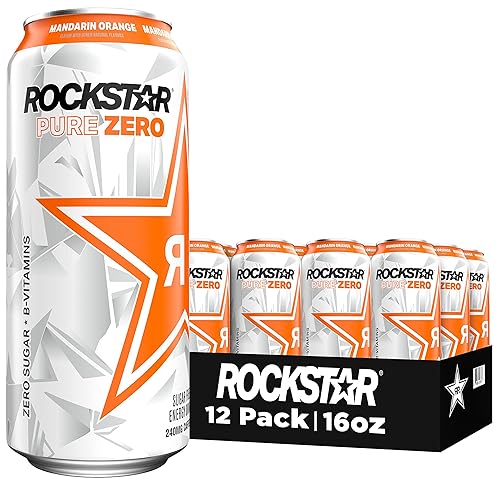 Rockstar Pure Zero Energy - Bebida energética, naranja, 0 azúcar, con cafeína y taurina, latas de 16 onzas (paquete de 12) (el embalaje puede variar)