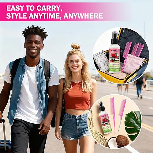 Miniatura 9 de Peine para desenredar definir y separar rizos, peine de cola de rata, cepillo desenredante de 3 filas para trenzas, espray de agua de rosas para