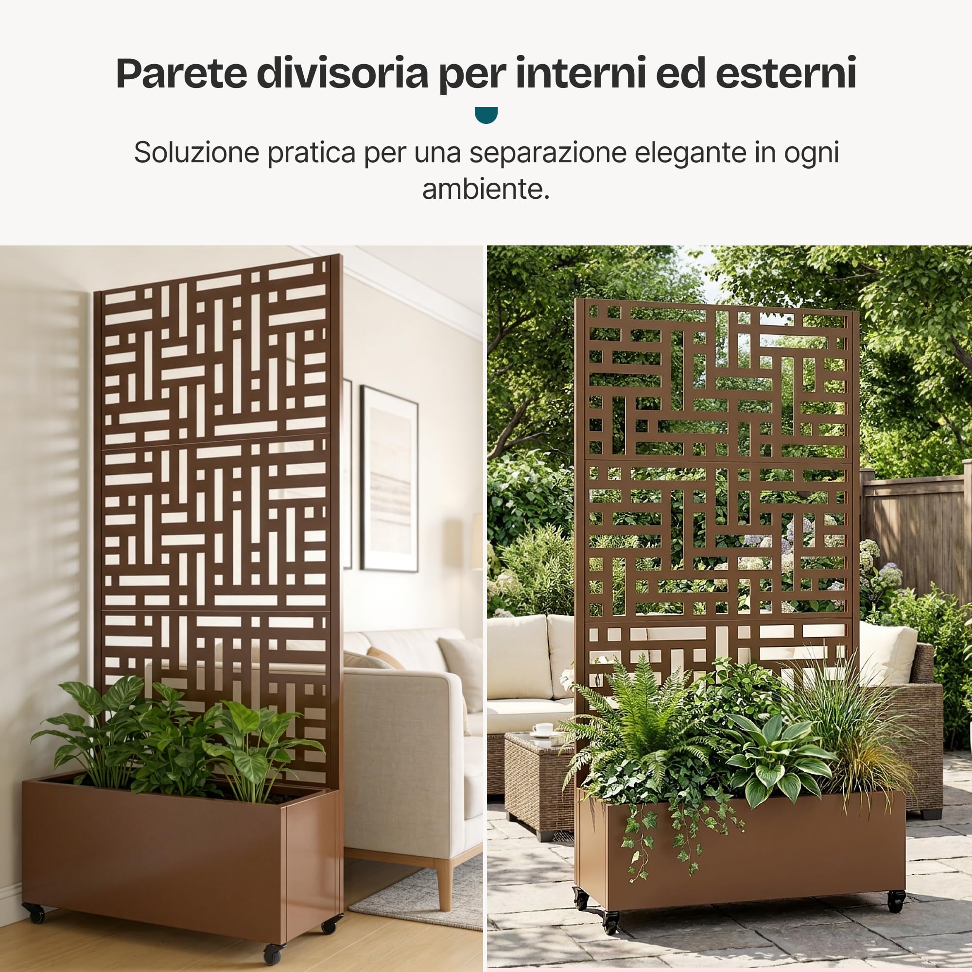 casa.pro Fioriera con Grigliato Fioriera Mobile con Spalliera Pannello Divisorio con Portapiante a 4 Rotelle Separatore da Terrazza 190 x 82 x 38 cm Acciaio Marrone