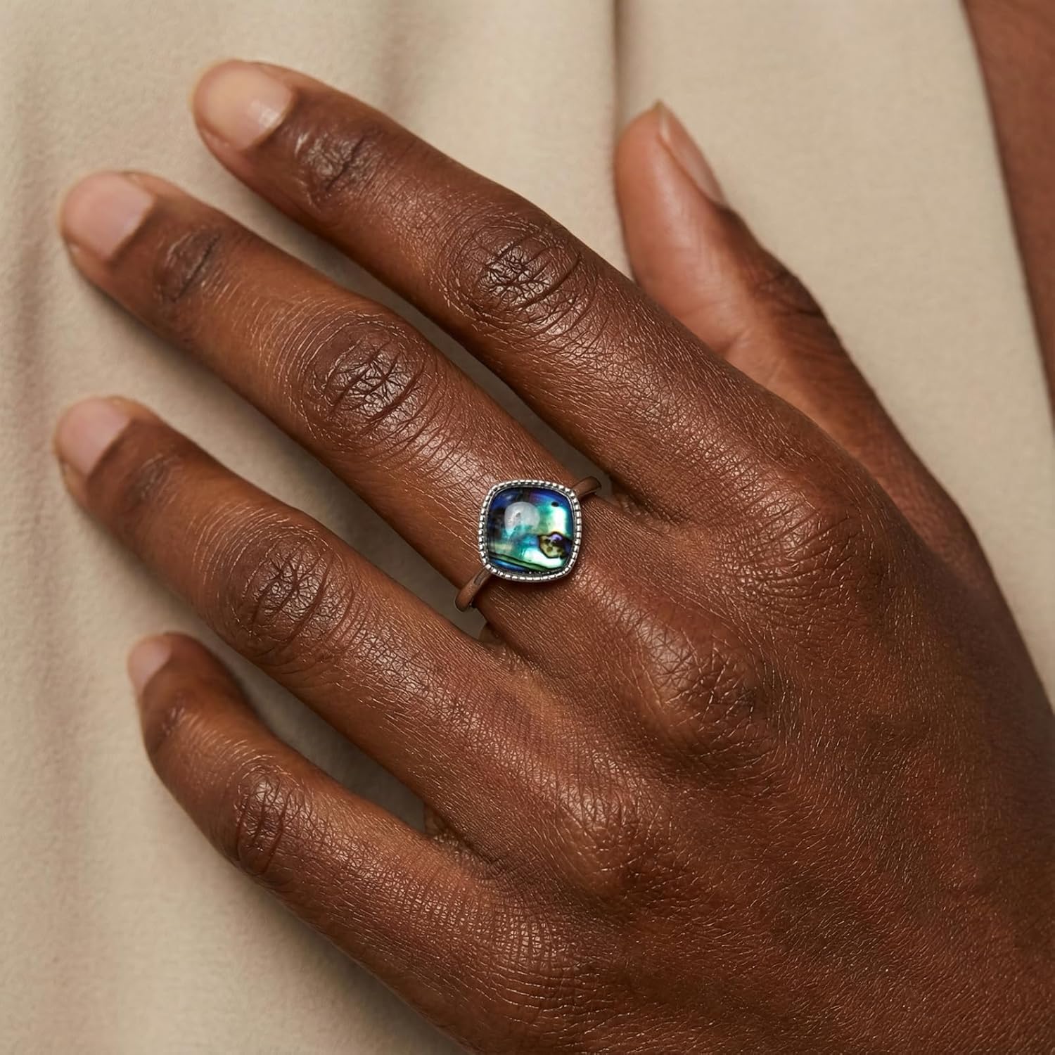 Abalone Shell Ring, Handmade Inlay Square Shell Ring Ocean Jewelry, Silver Adjustable Simple Statement Rings for Women - Image 4