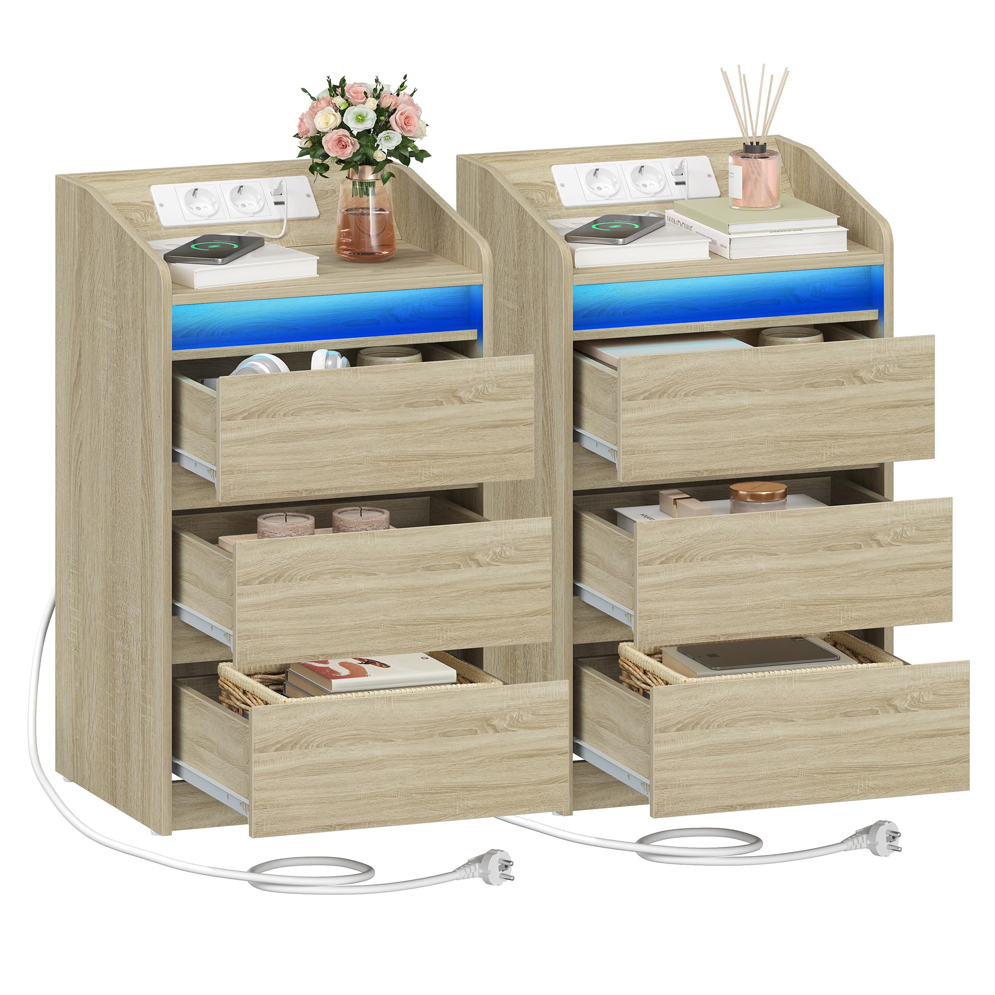 Hzuaneri Mesilla de Noche de 2 con 3 Cajones, Mesa Auxiliar con Estación de Carga y LED, 2 Tomas CA y 2 Puertos USB para Dormitorio, Salón, Color Roble NS40116X