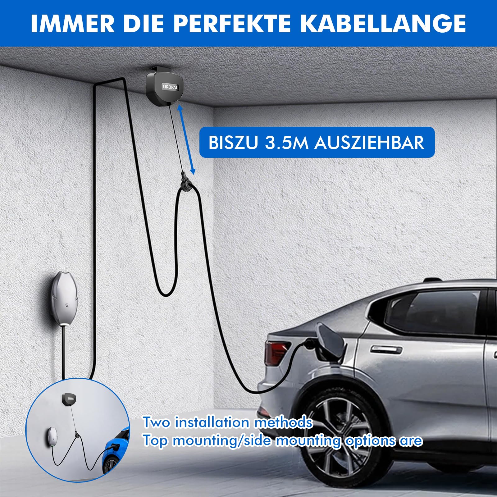 Automatisch Einziehbare Wallbox Kabelhalterung Automatischer Kabelaufroller | für Ladekabel von Elektrofahrzeugen, Halterung Ladekabel Typ 2 Type 1 Wandhalterung (Ceiling-mounted & Wall-mounted)