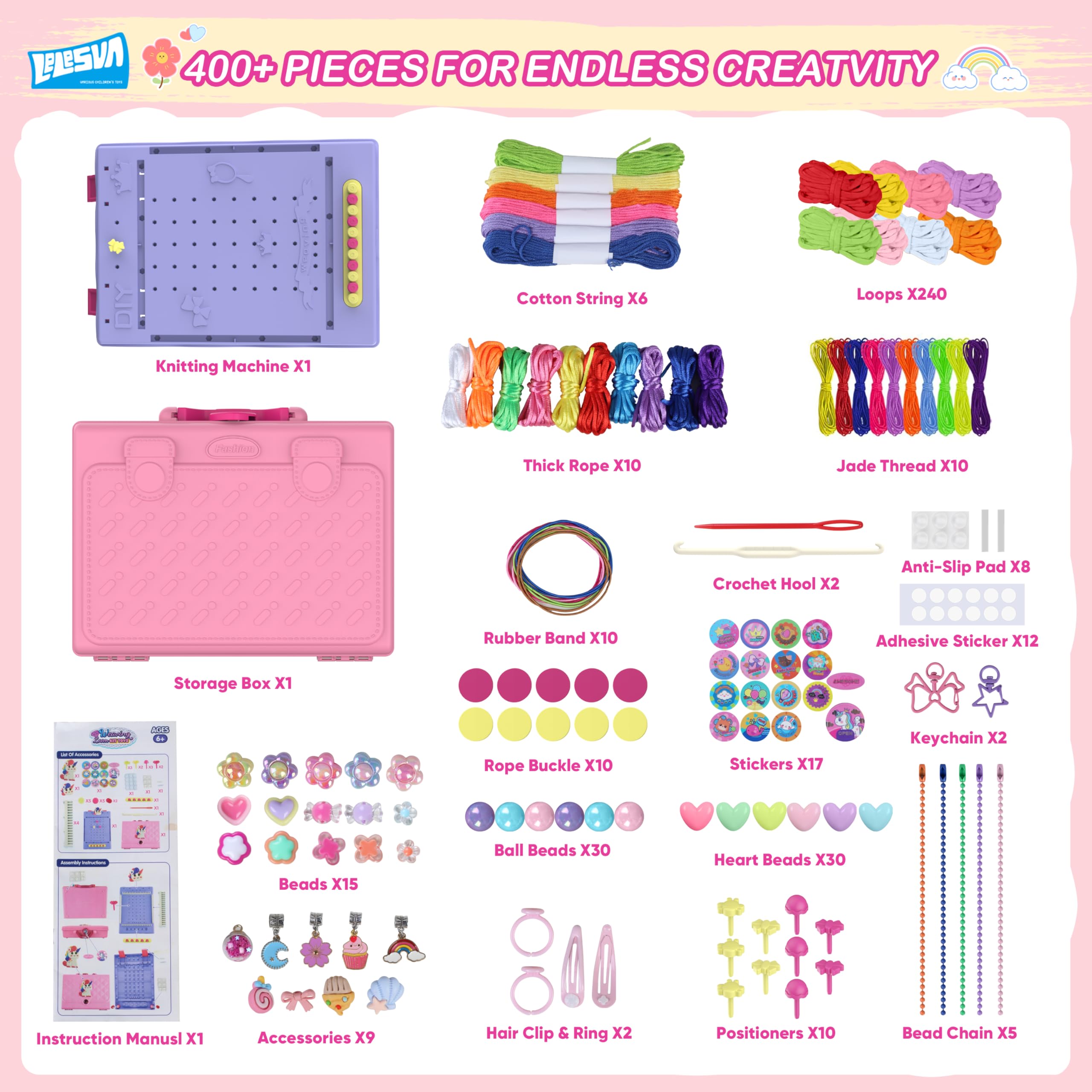 Kit de tissage 3 en 1 400 pièces + kit de fabrication de bracelets d'amitié, jouets avec boîte de rangement, boucles d'art et d'artisanat pour adultes, cadeaux pour enfants de 5, 6, 7, 8 à 12 ans, 13